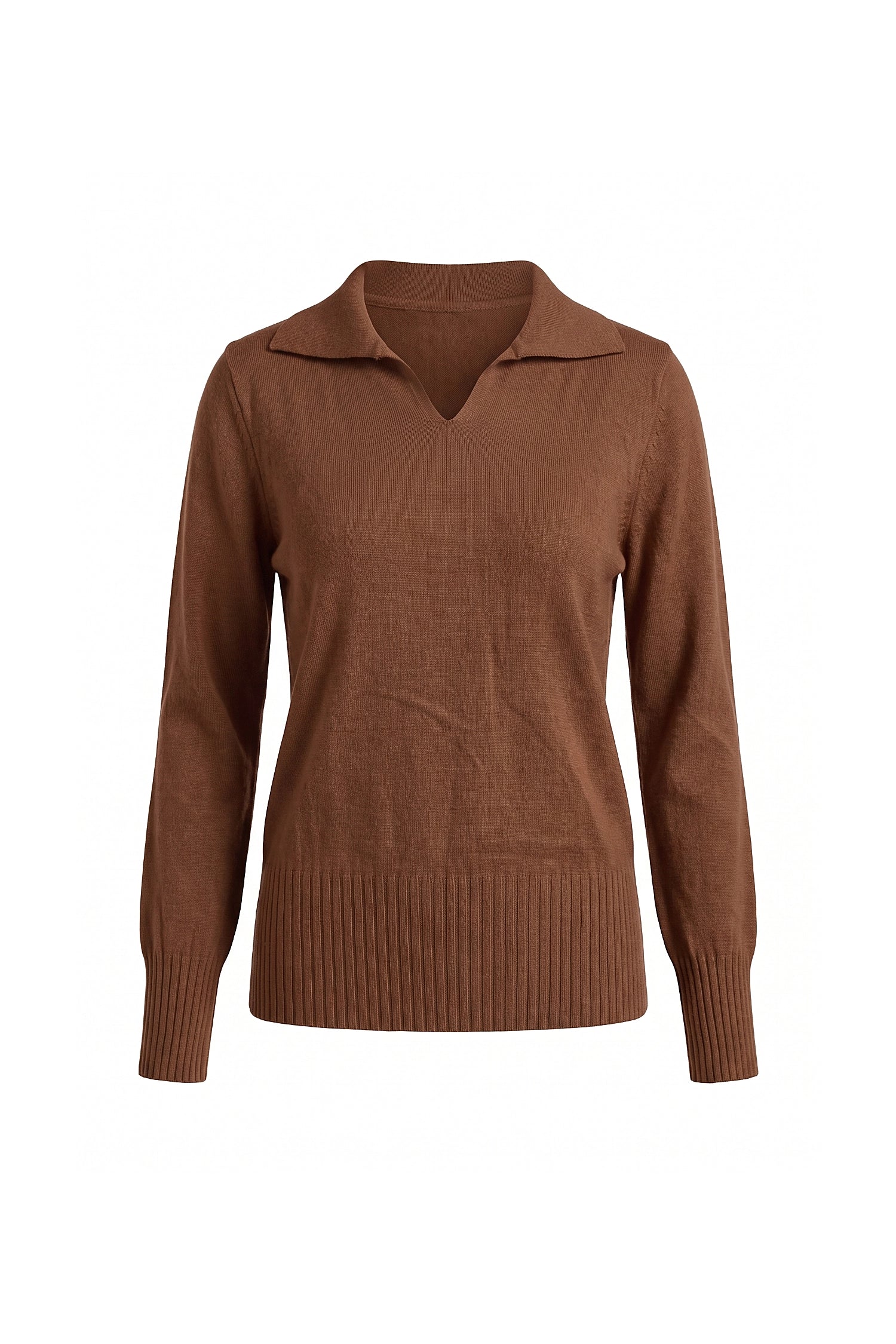 Women's Winter Knitted V Neck Polo Jumper with Long Sleeves