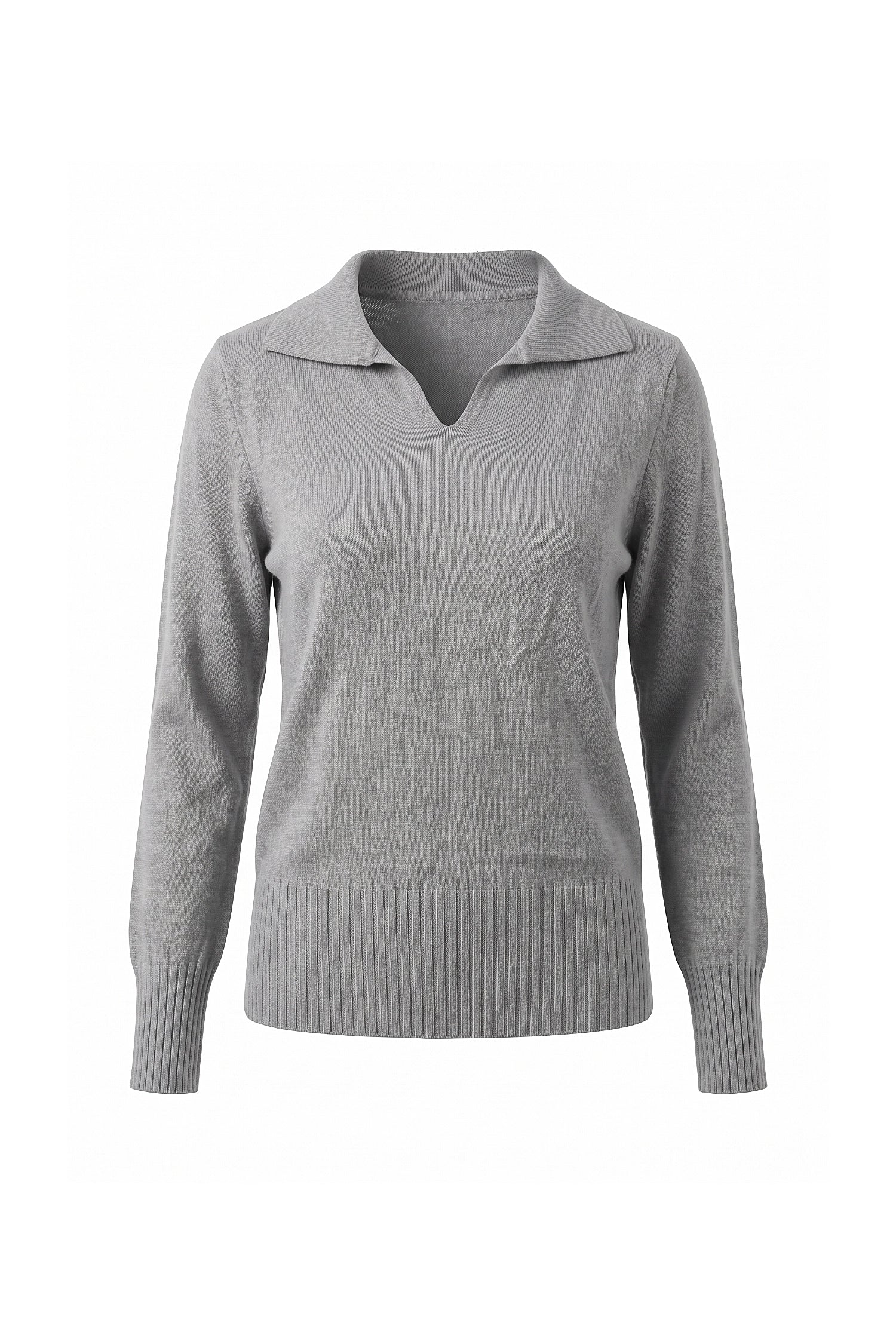 Women's Winter Knitted V Neck Polo Jumper with Long Sleeves