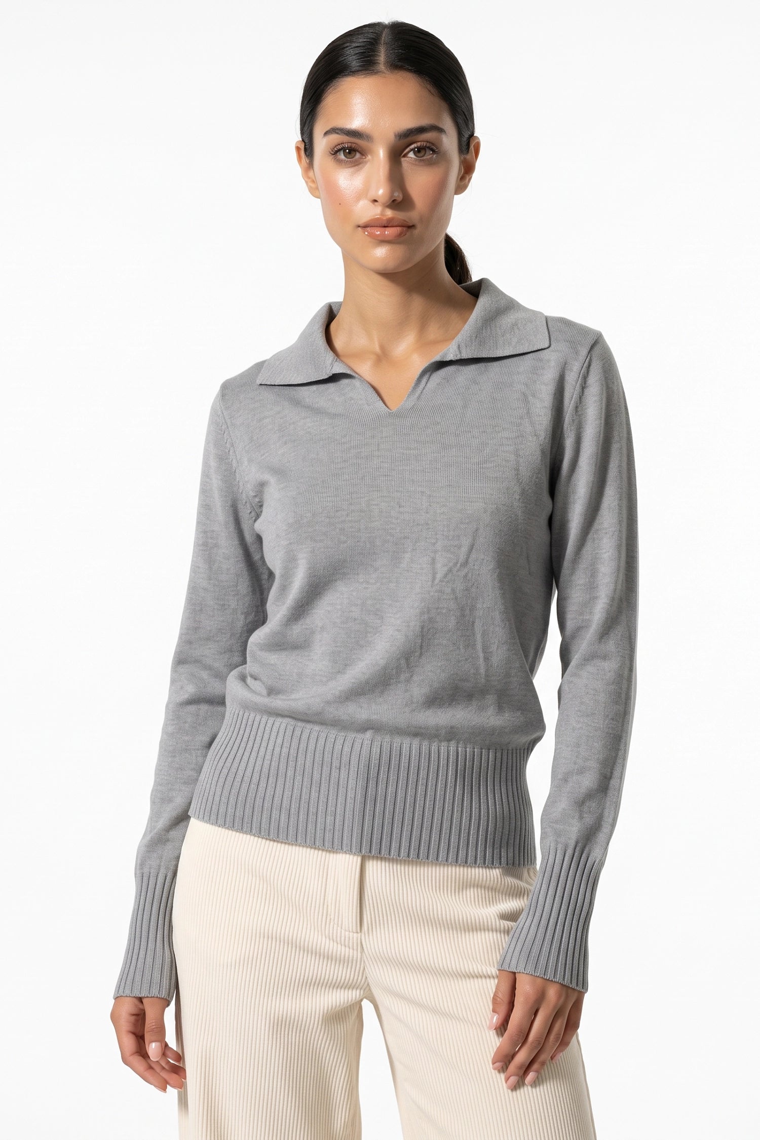 Women's Winter Knitted V Neck Polo Jumper with Long Sleeves