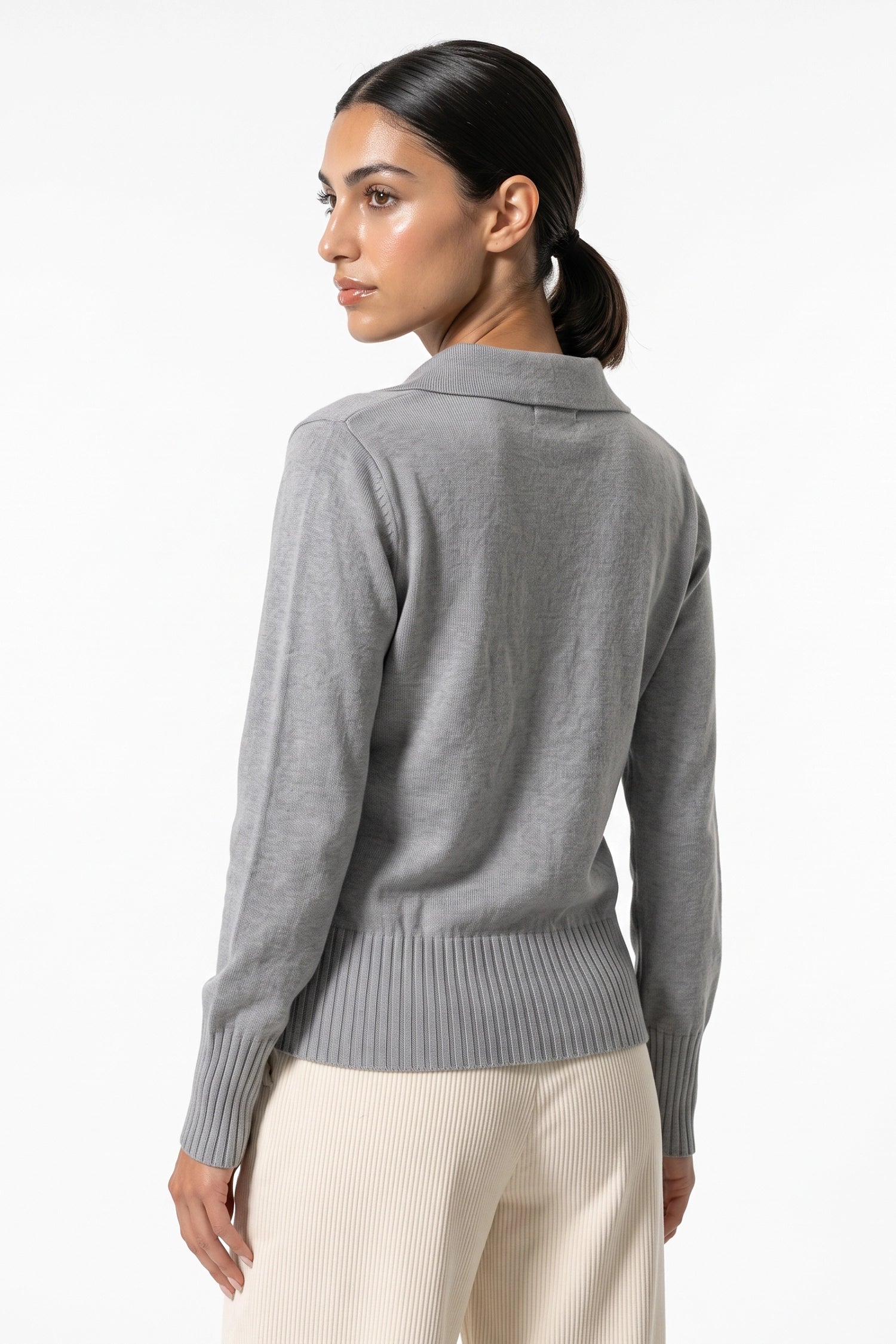 Women's Winter Knitted V Neck Polo Jumper with Long Sleeves