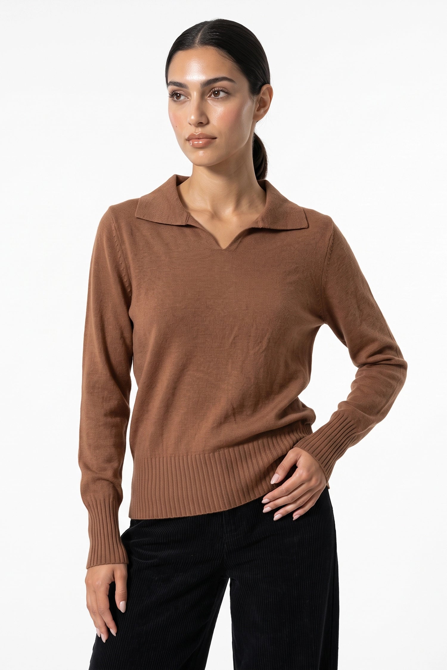 Women's Winter Knitted V Neck Polo Jumper with Long Sleeves