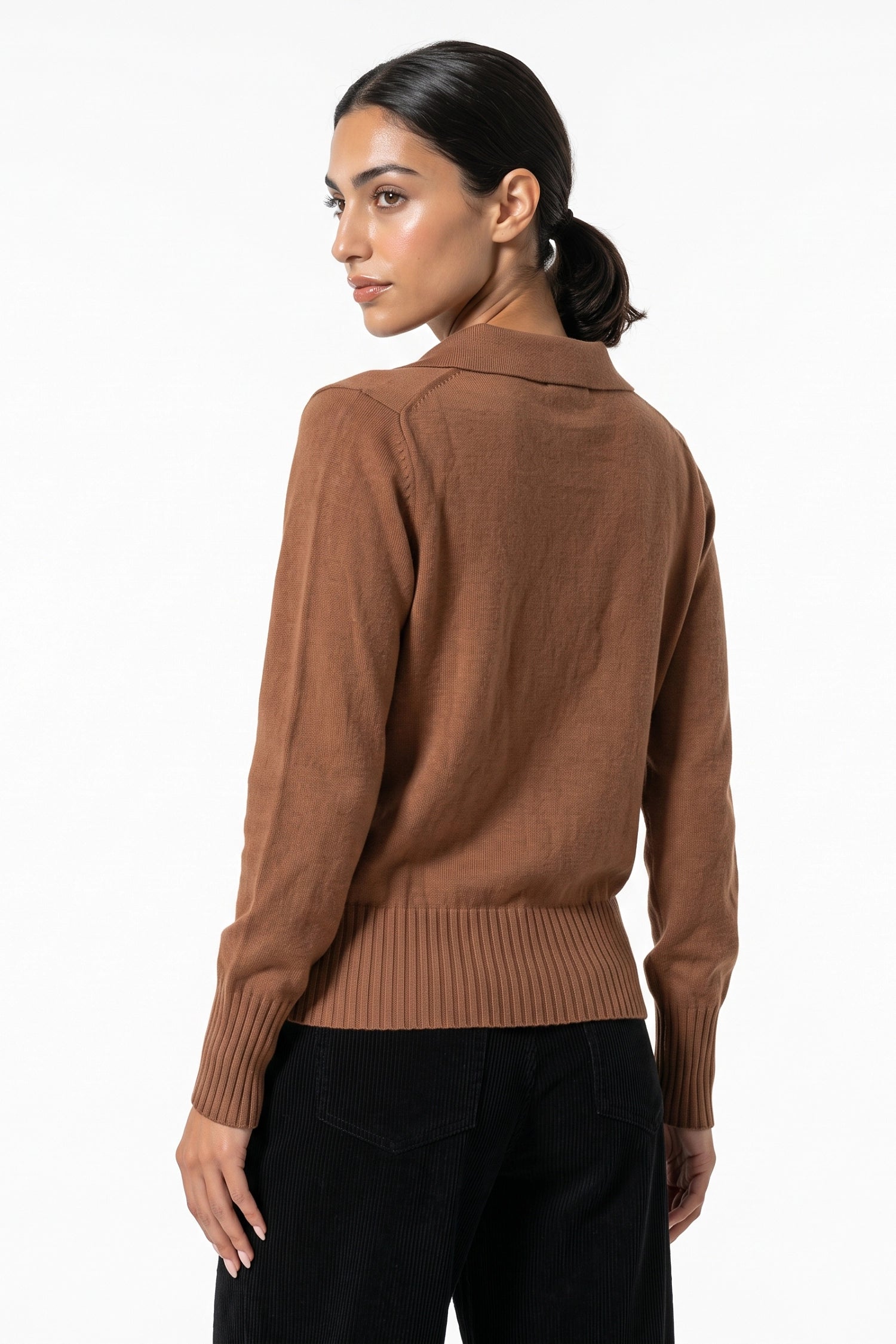 Women's Winter Knitted V Neck Polo Jumper with Long Sleeves