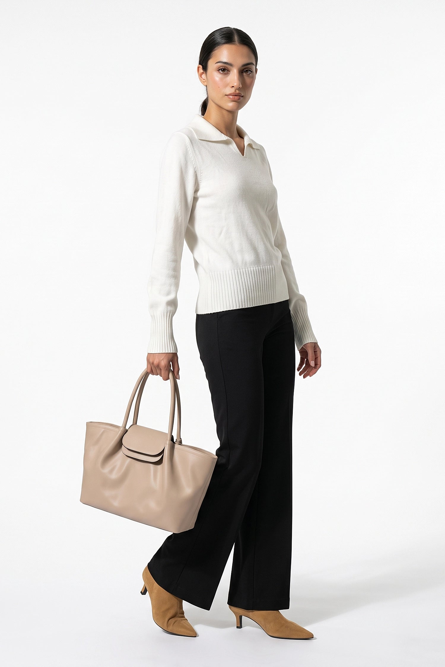 Women's Winter Knitted V Neck Polo Jumper with Long Sleeves