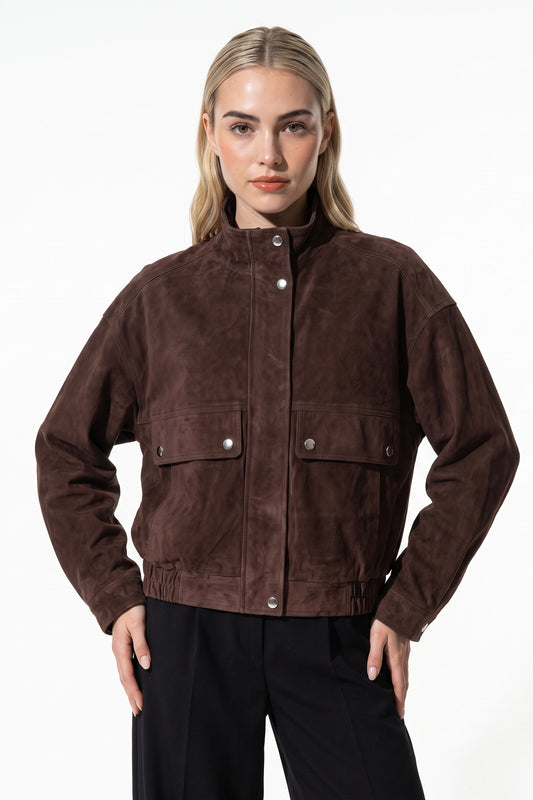 Women’s Winter Brown Suede Jacket with Cropped Fit and Stand Collar