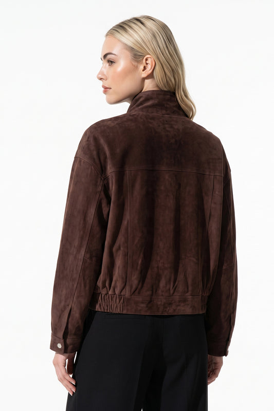 Women’s Winter Brown Suede Jacket with Cropped Fit and Stand Collar