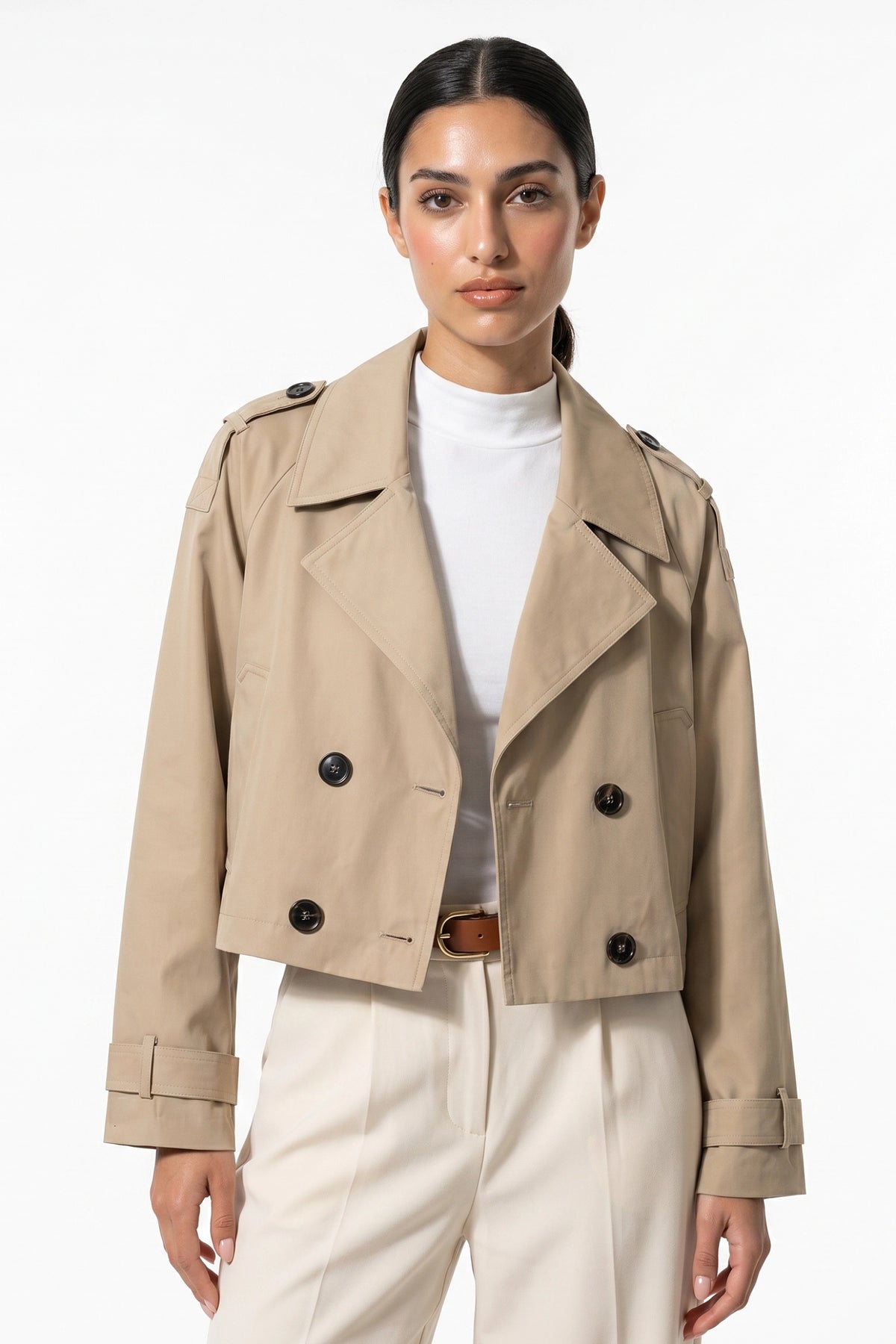 Women's Winter Stylish Short Cropped Trench Coat with Double Breasted Front