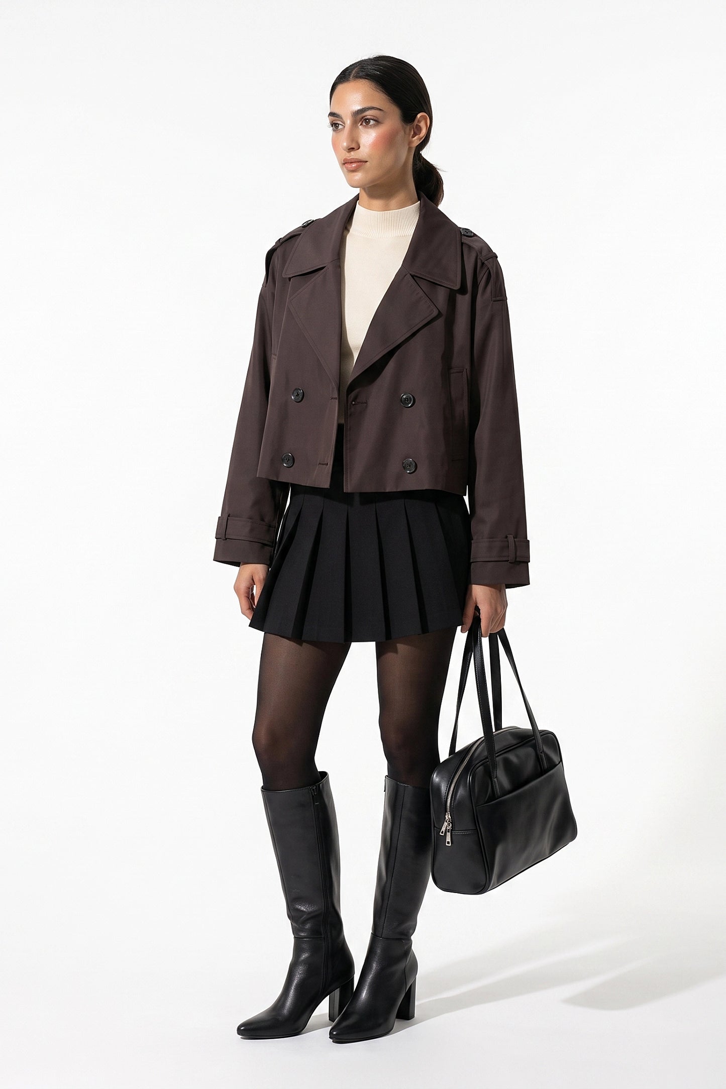 Women's Winter Stylish Short Cropped Trench Coat with Double Breasted Front