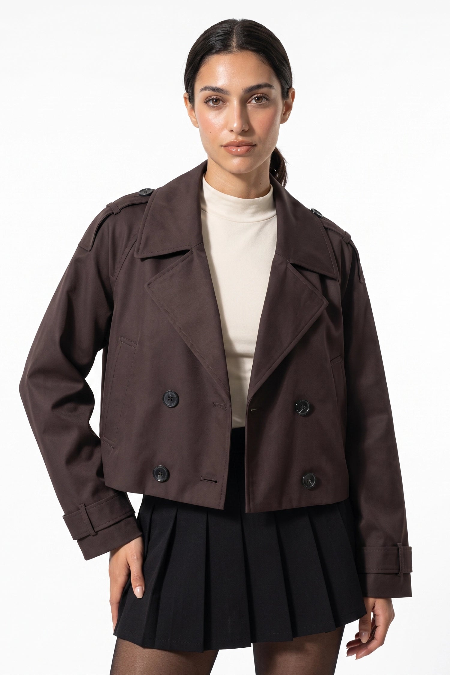 Women's Winter Stylish Short Cropped Trench Coat with Double Breasted Front