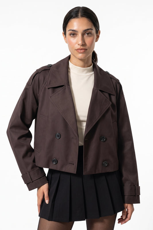 Women's Winter Stylish Short Cropped Trench Coat with Double Breasted Front