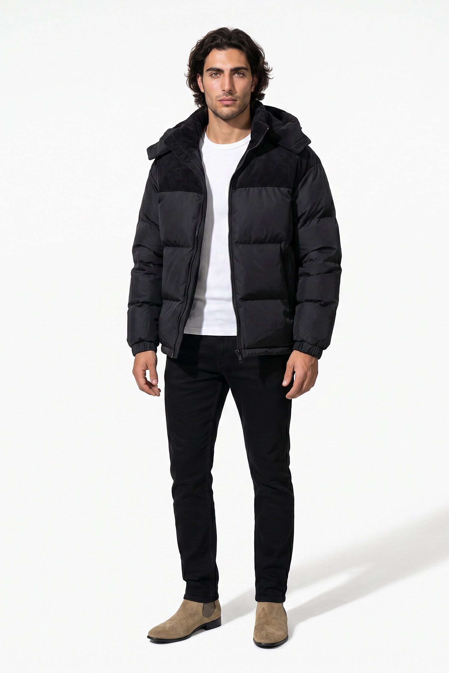 Men’s Winter Warm Hooded Puffer Jacket with Corduroy Yoke