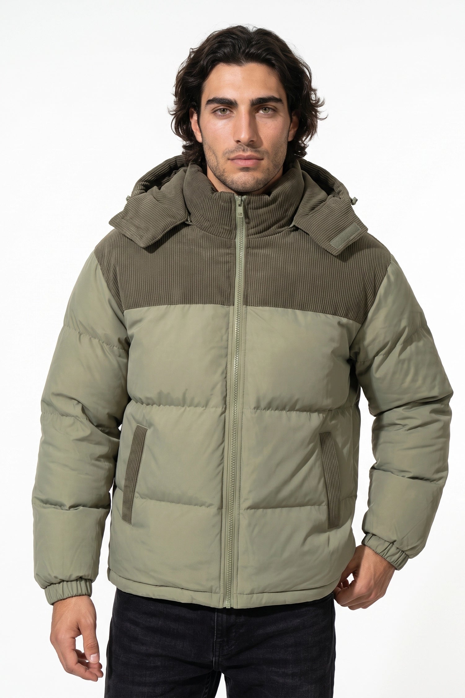 Men’s Winter Warm Hooded Puffer Jacket with Corduroy Yoke