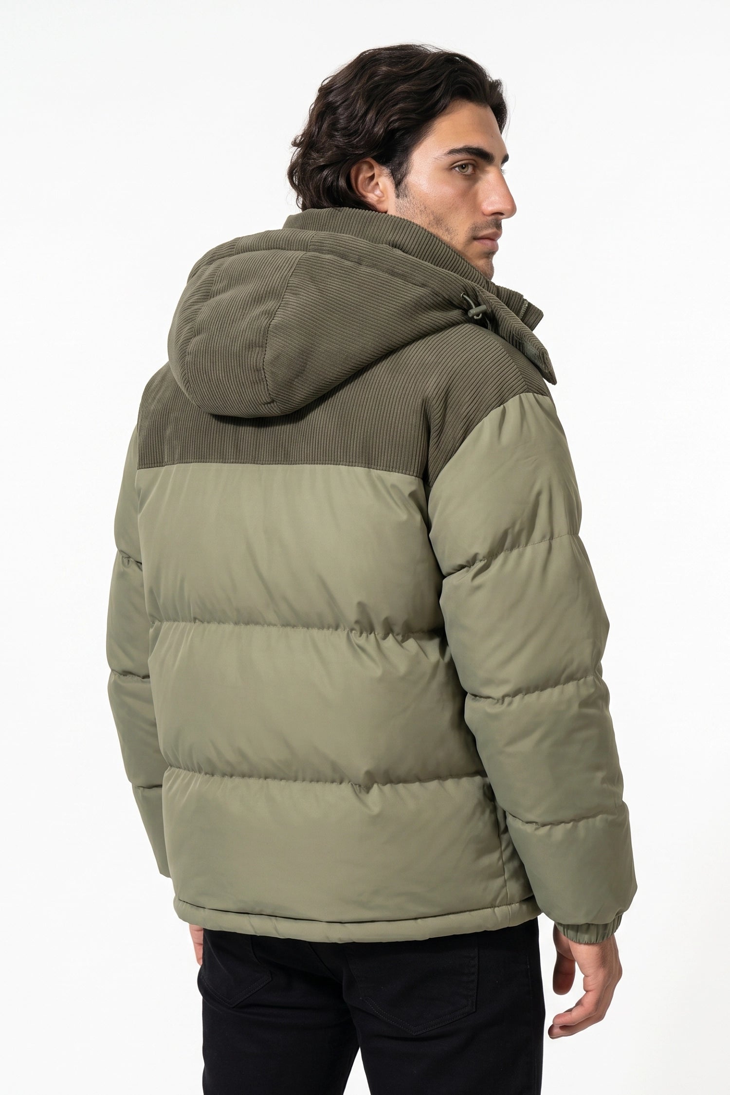 Men’s Winter Warm Hooded Puffer Jacket with Corduroy Yoke