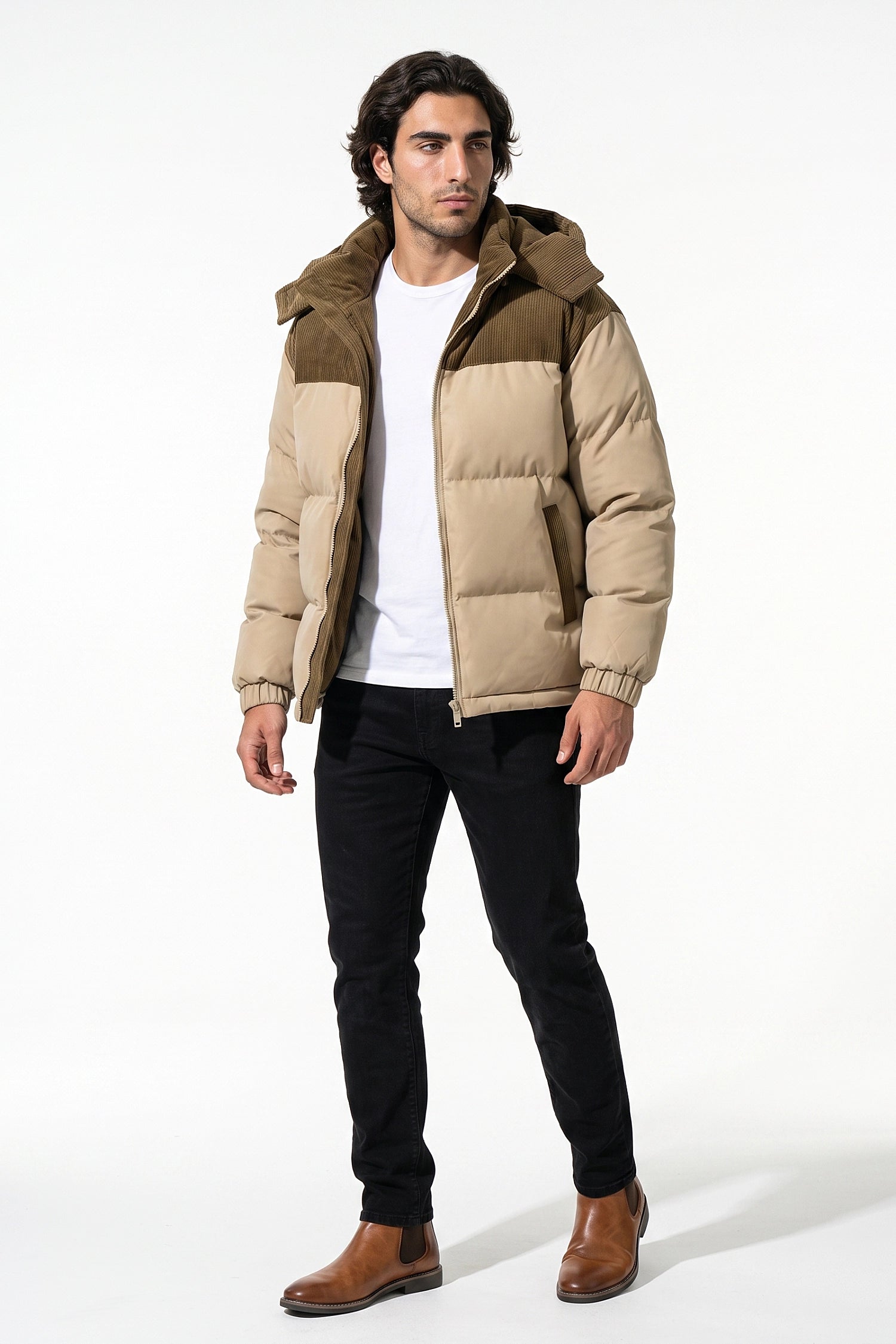 Men’s Winter Warm Hooded Puffer Jacket with Corduroy Yoke