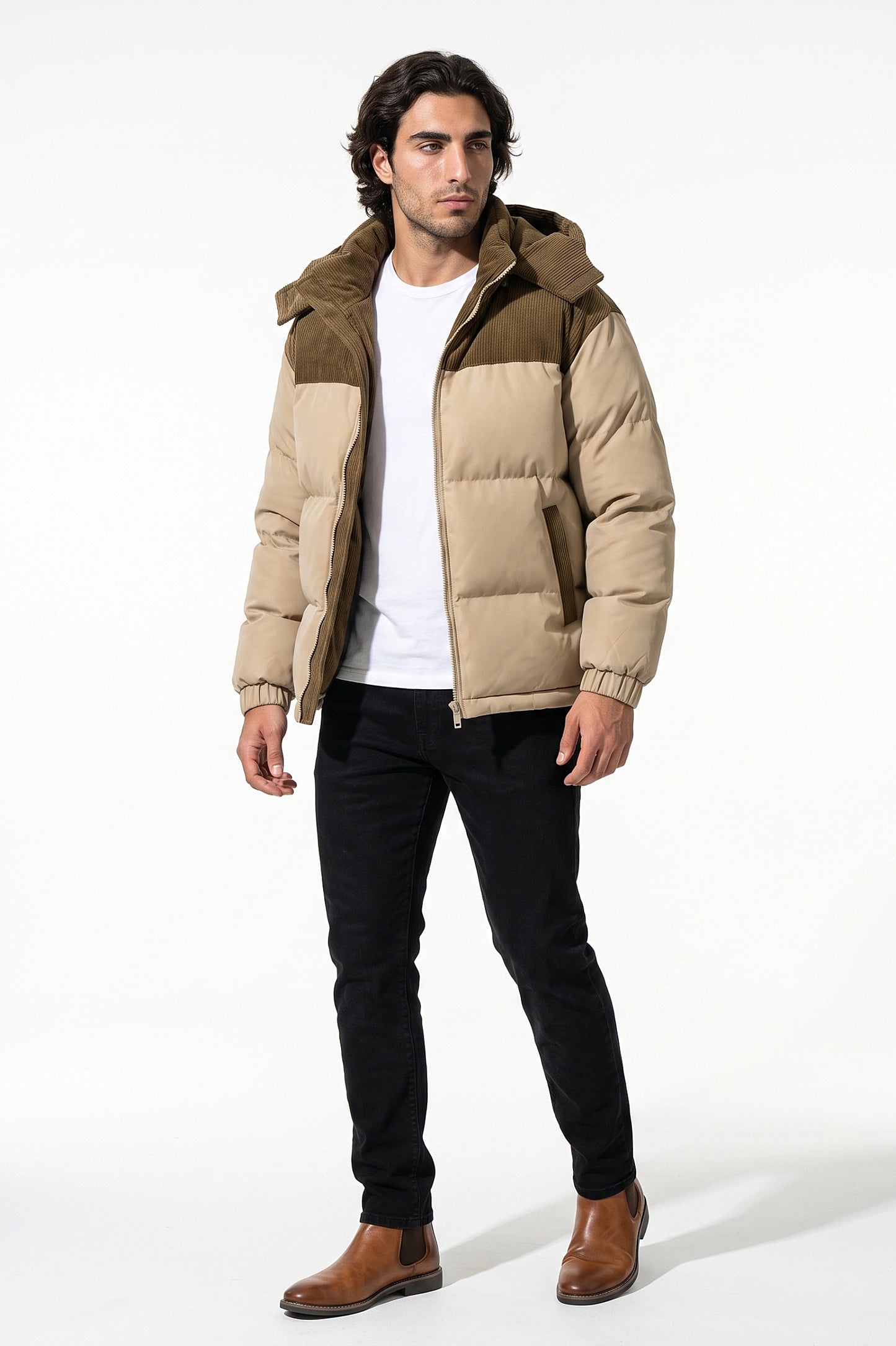 Men’s Winter Warm Hooded Puffer Jacket with Corduroy Yoke