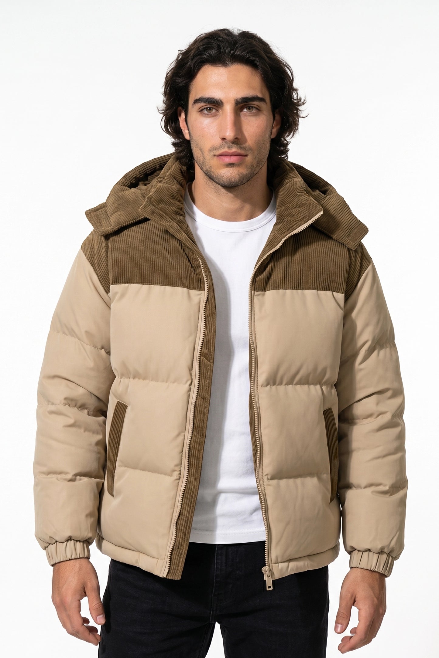 Men’s Winter Warm Hooded Puffer Jacket with Corduroy Yoke