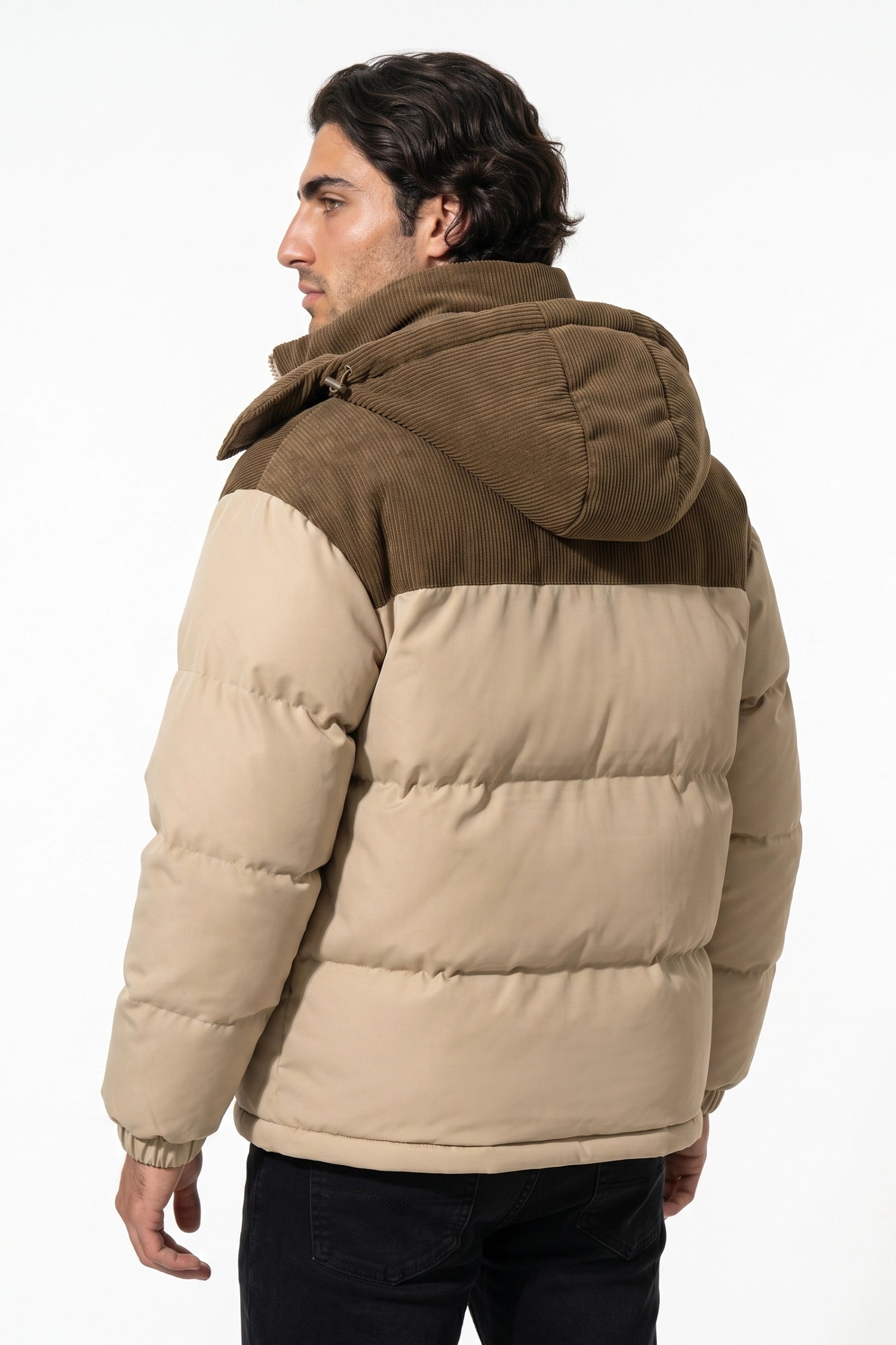 Men’s Winter Warm Hooded Puffer Jacket with Corduroy Yoke