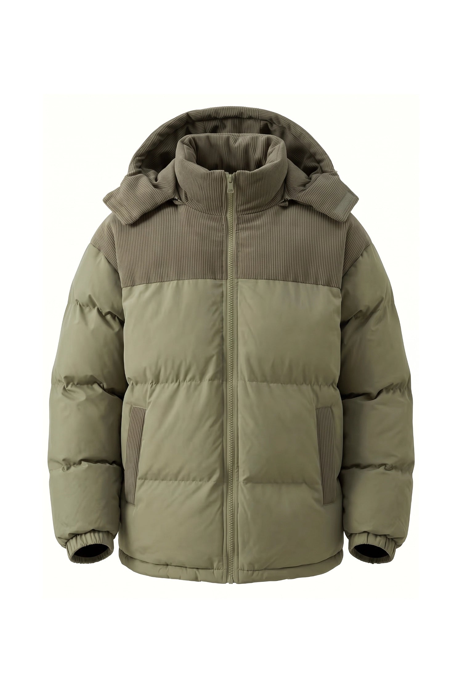 Men’s Winter Warm Hooded Puffer Jacket with Corduroy Yoke