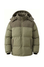 Men’s Winter Warm Hooded Puffer Jacket with Corduroy Yoke