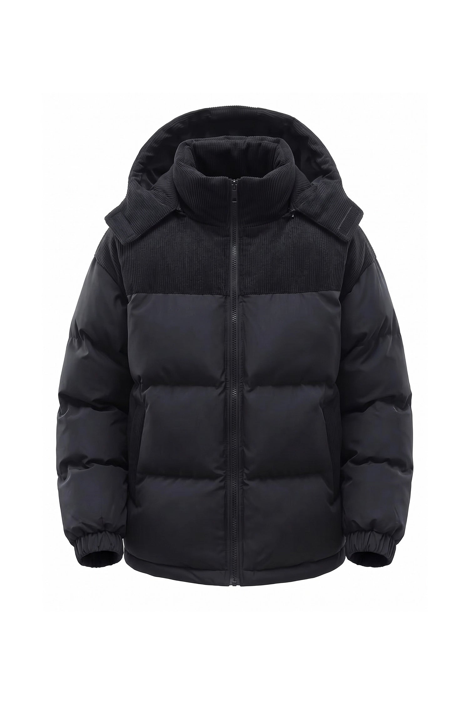Men’s Winter Warm Hooded Puffer Jacket with Corduroy Yoke