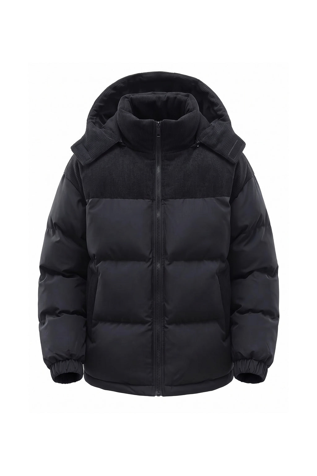Men’s Winter Warm Hooded Puffer Jacket with Corduroy Yoke