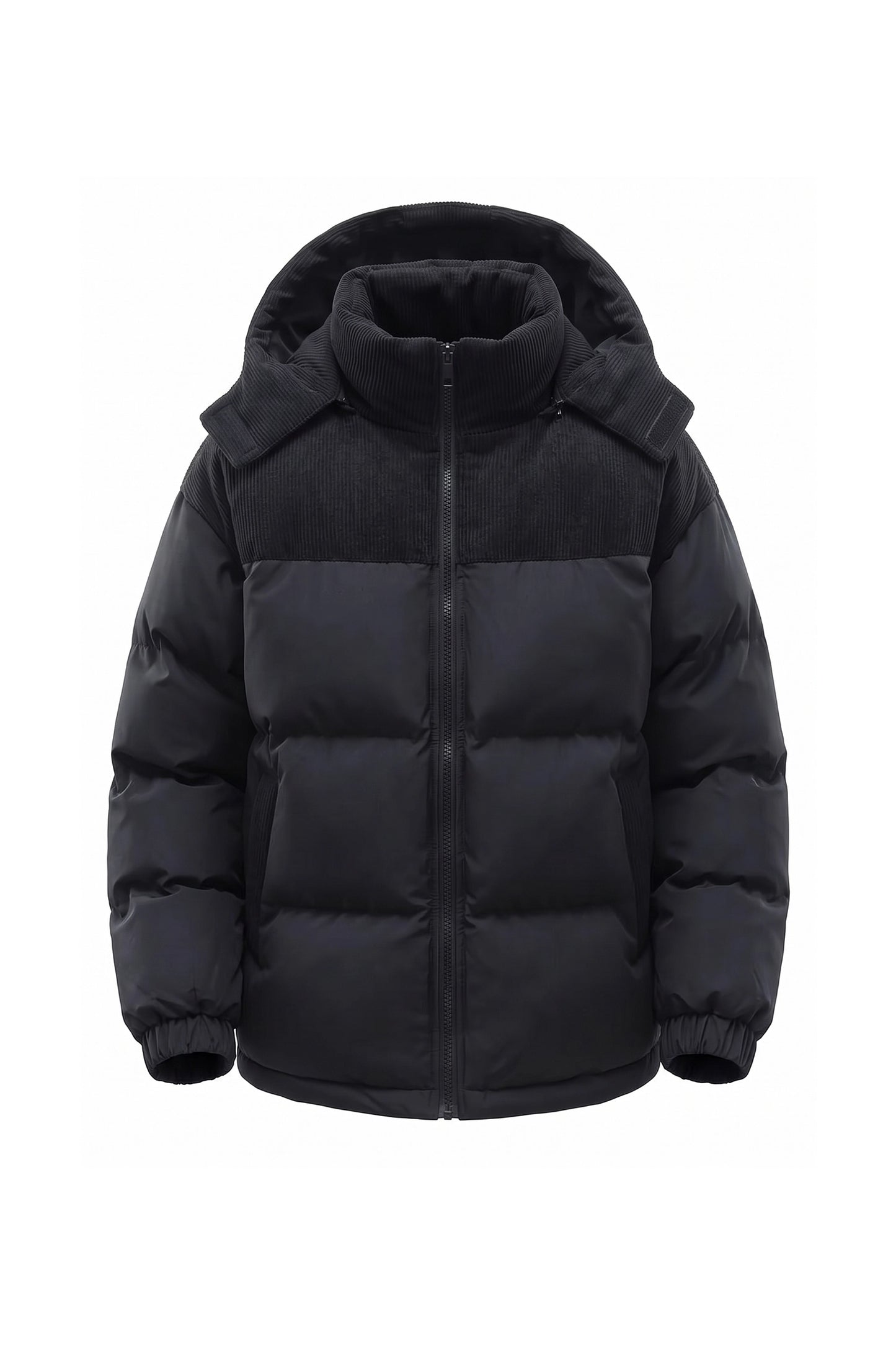 Men’s Winter Warm Hooded Puffer Jacket with Corduroy Yoke