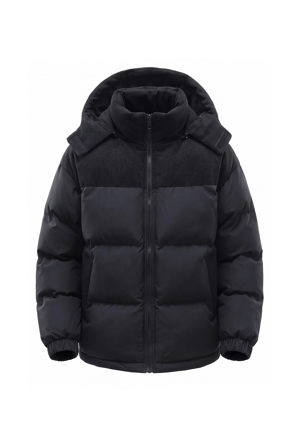 Men’s Winter Warm Hooded Puffer Jacket with Corduroy Yoke