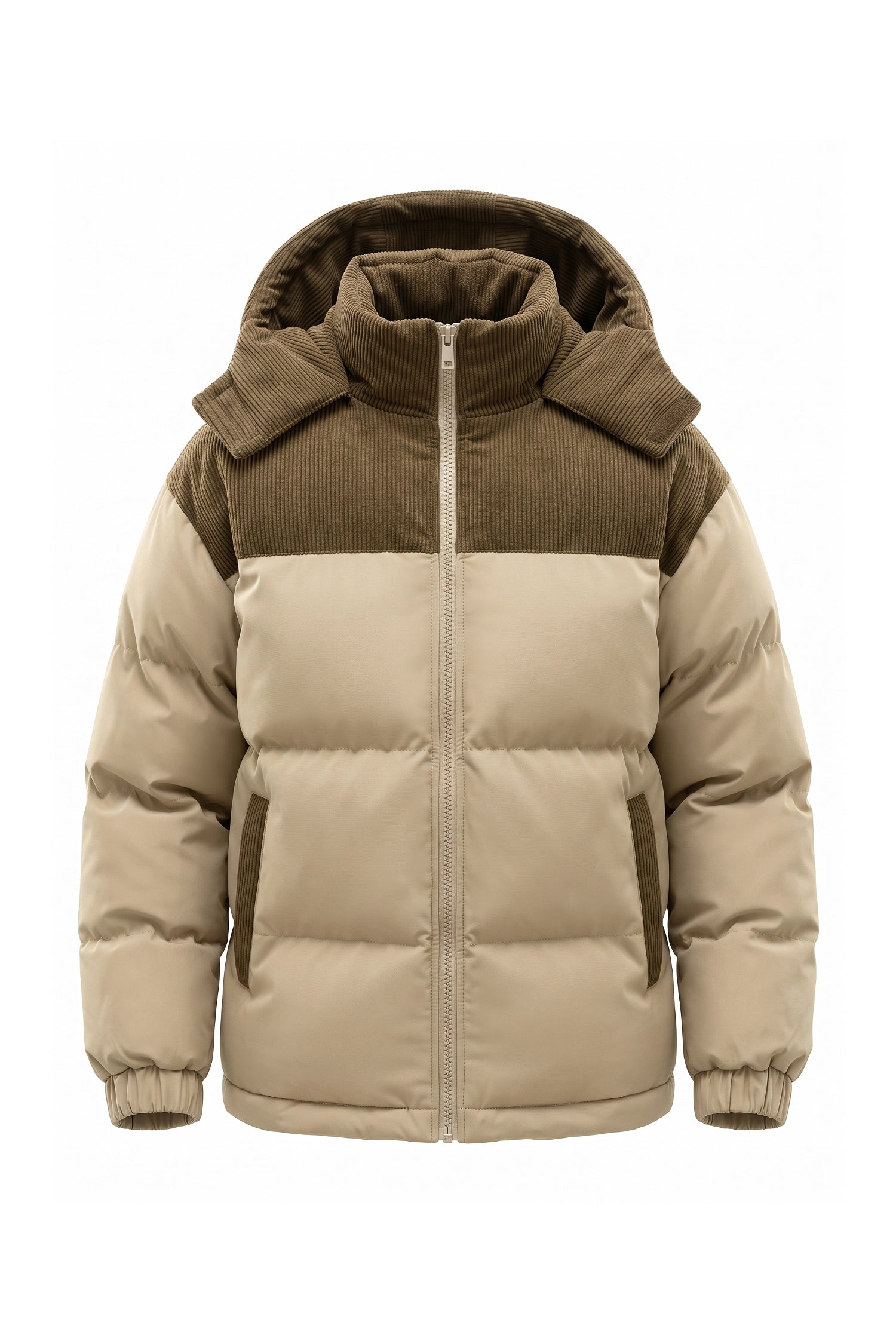 Men’s Winter Warm Hooded Puffer Jacket with Corduroy Yoke