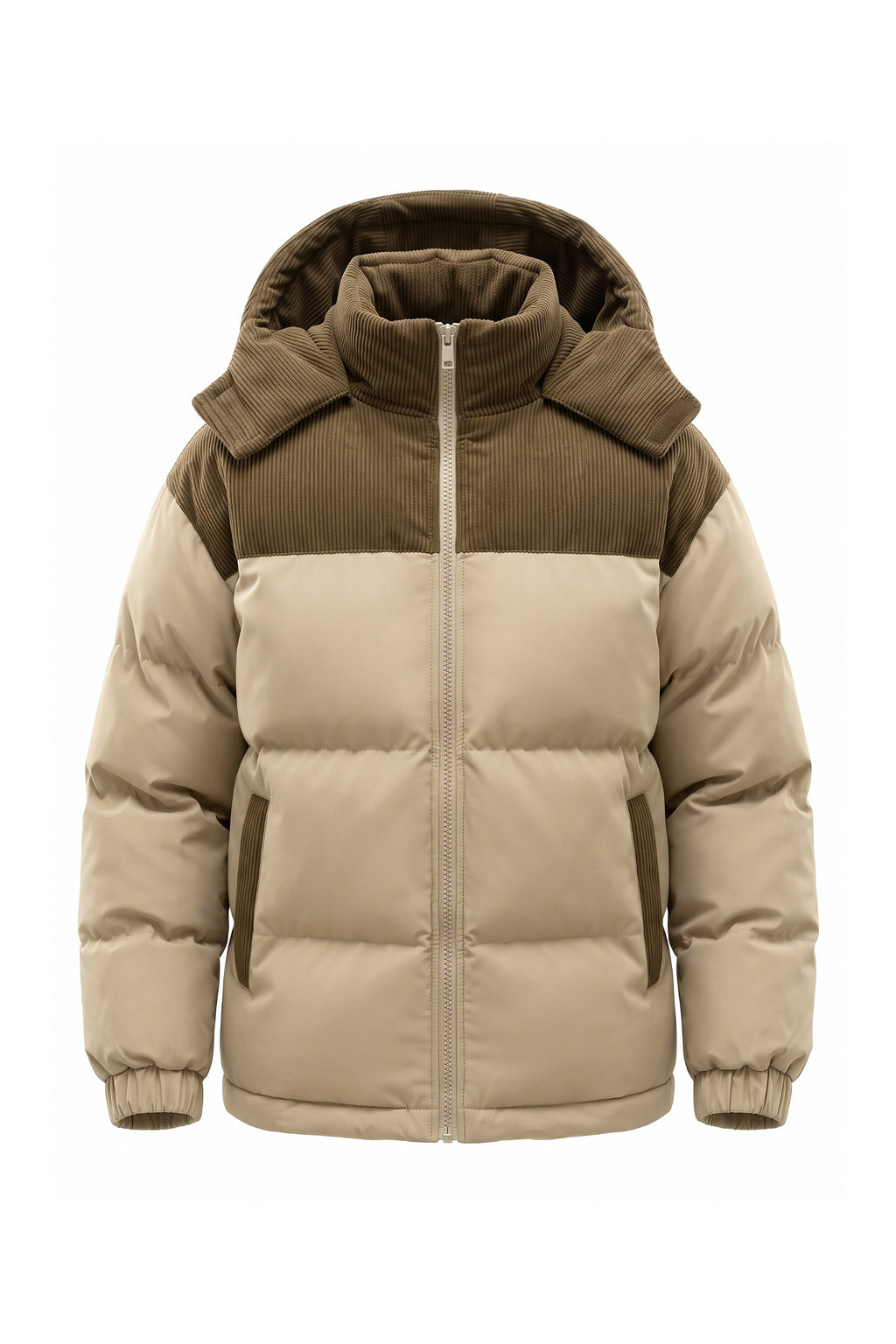 Men’s Winter Warm Hooded Puffer Jacket with Corduroy Yoke