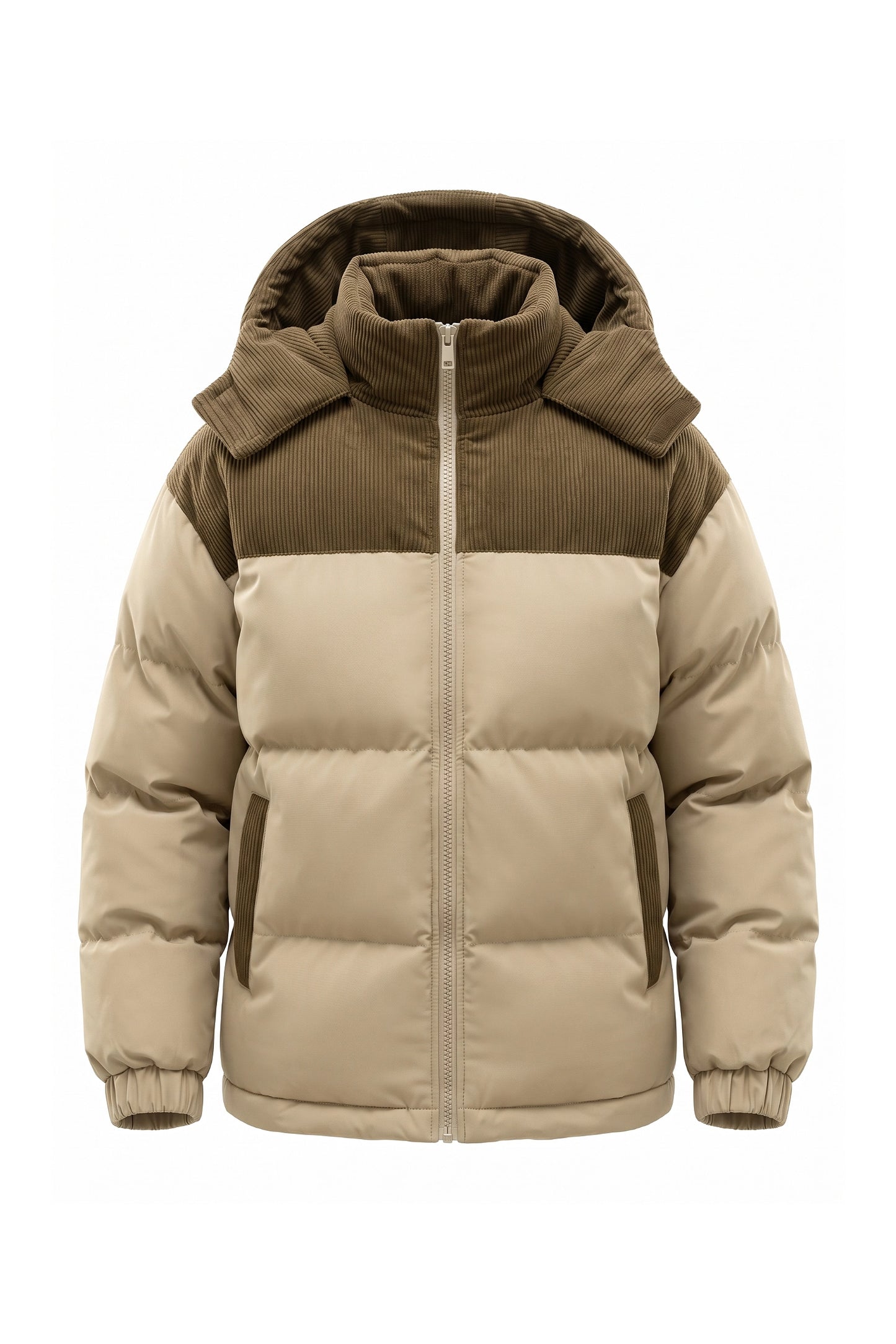 Men’s Winter Warm Hooded Puffer Jacket with Corduroy Yoke