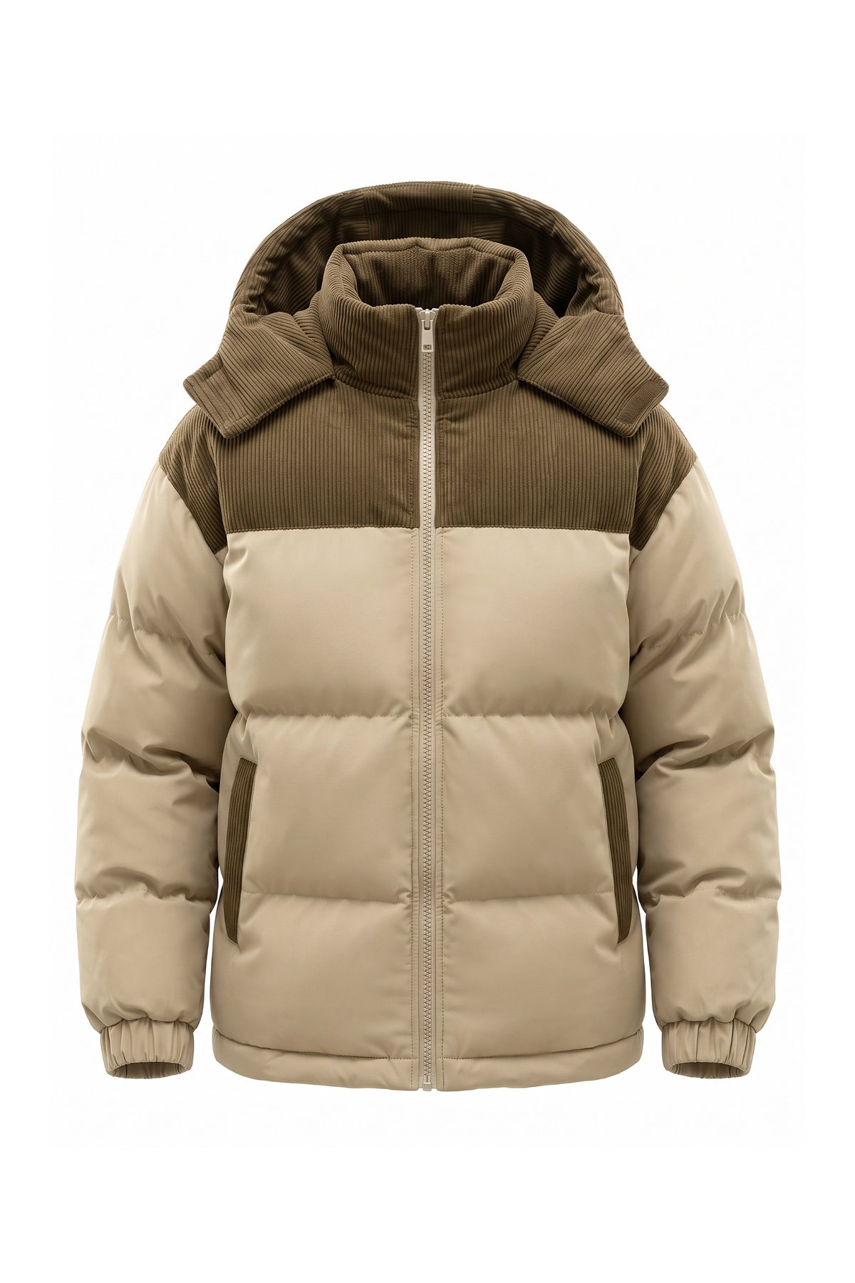 Men’s Winter Warm Hooded Puffer Jacket with Corduroy Yoke