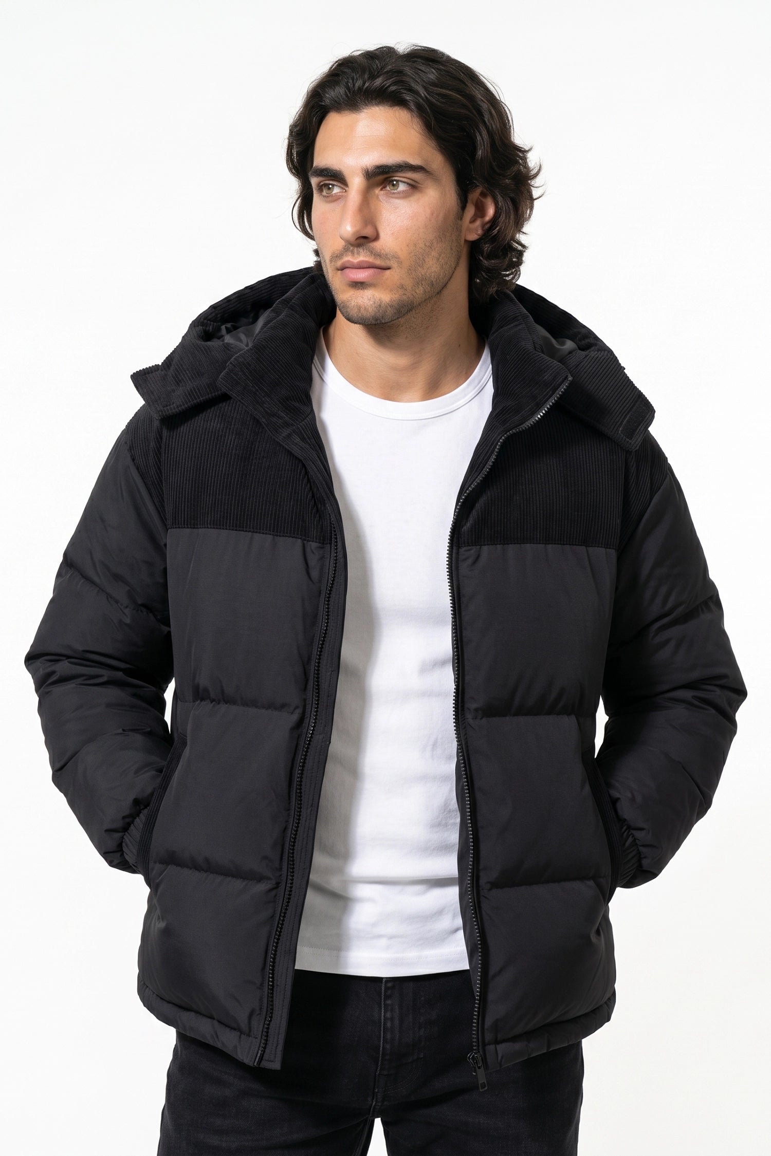 Men’s Winter Warm Hooded Puffer Jacket with Corduroy Yoke