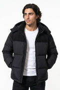 Men’s Winter Warm Hooded Puffer Jacket with Corduroy Yoke