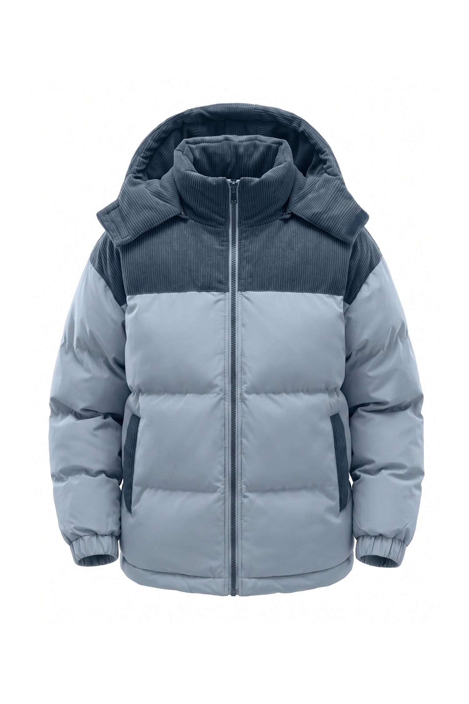Men’s Winter Warm Hooded Puffer Jacket with Corduroy Yoke