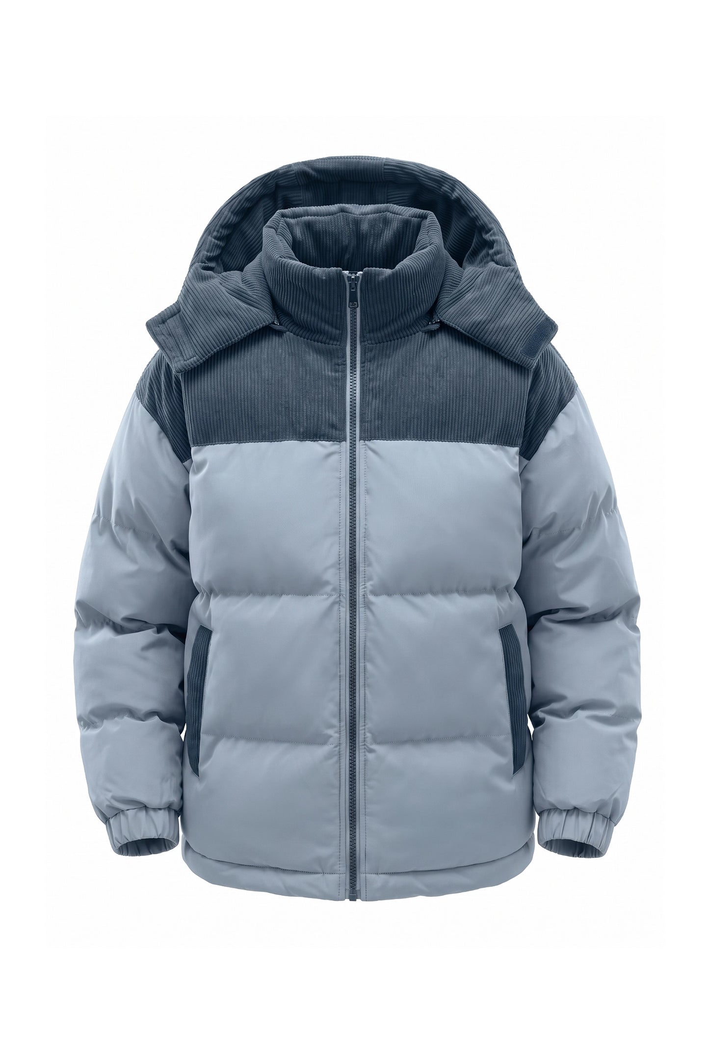 Men’s Winter Warm Hooded Puffer Jacket with Corduroy Yoke