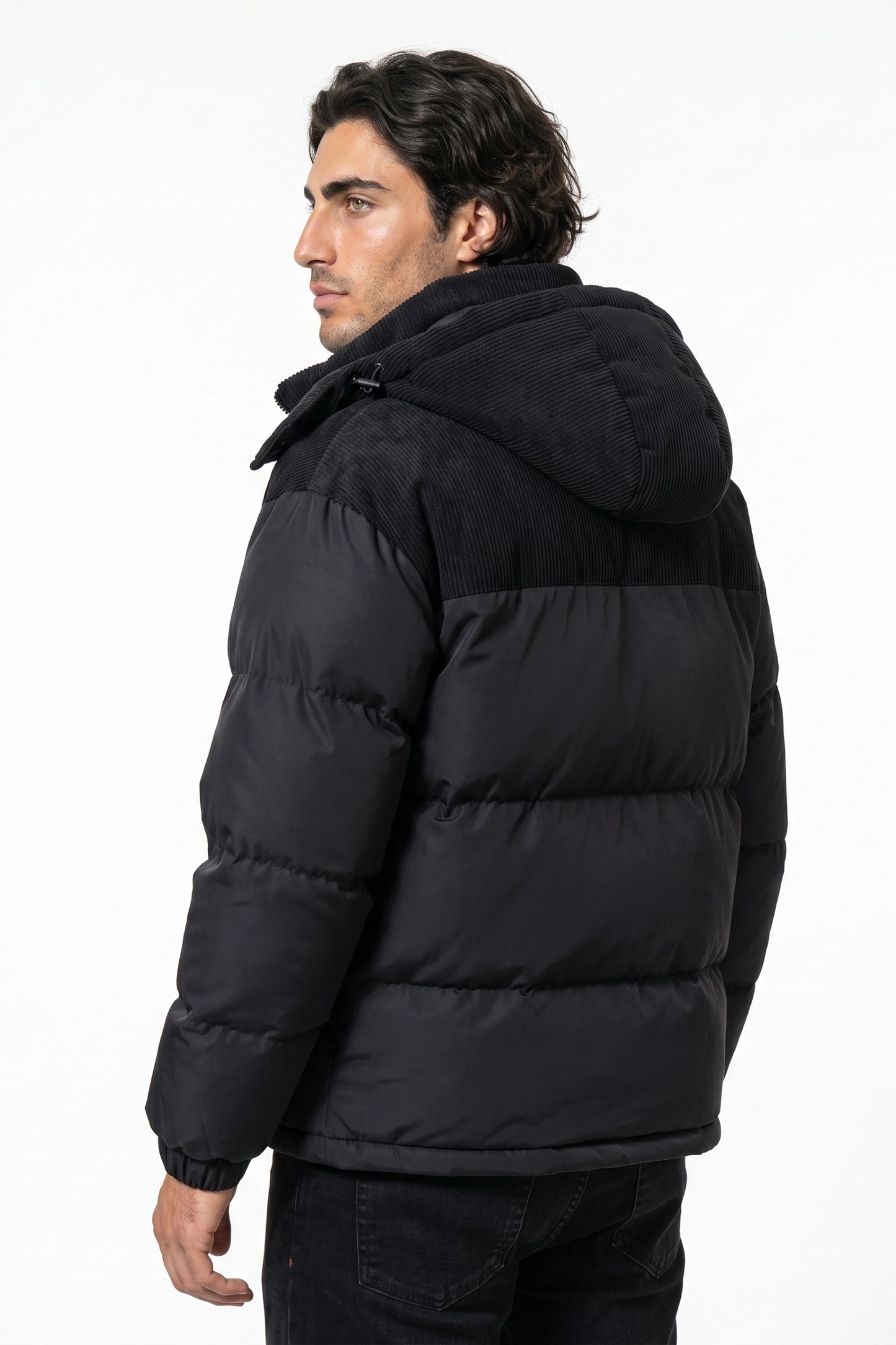 Men’s Winter Warm Hooded Puffer Jacket with Corduroy Yoke