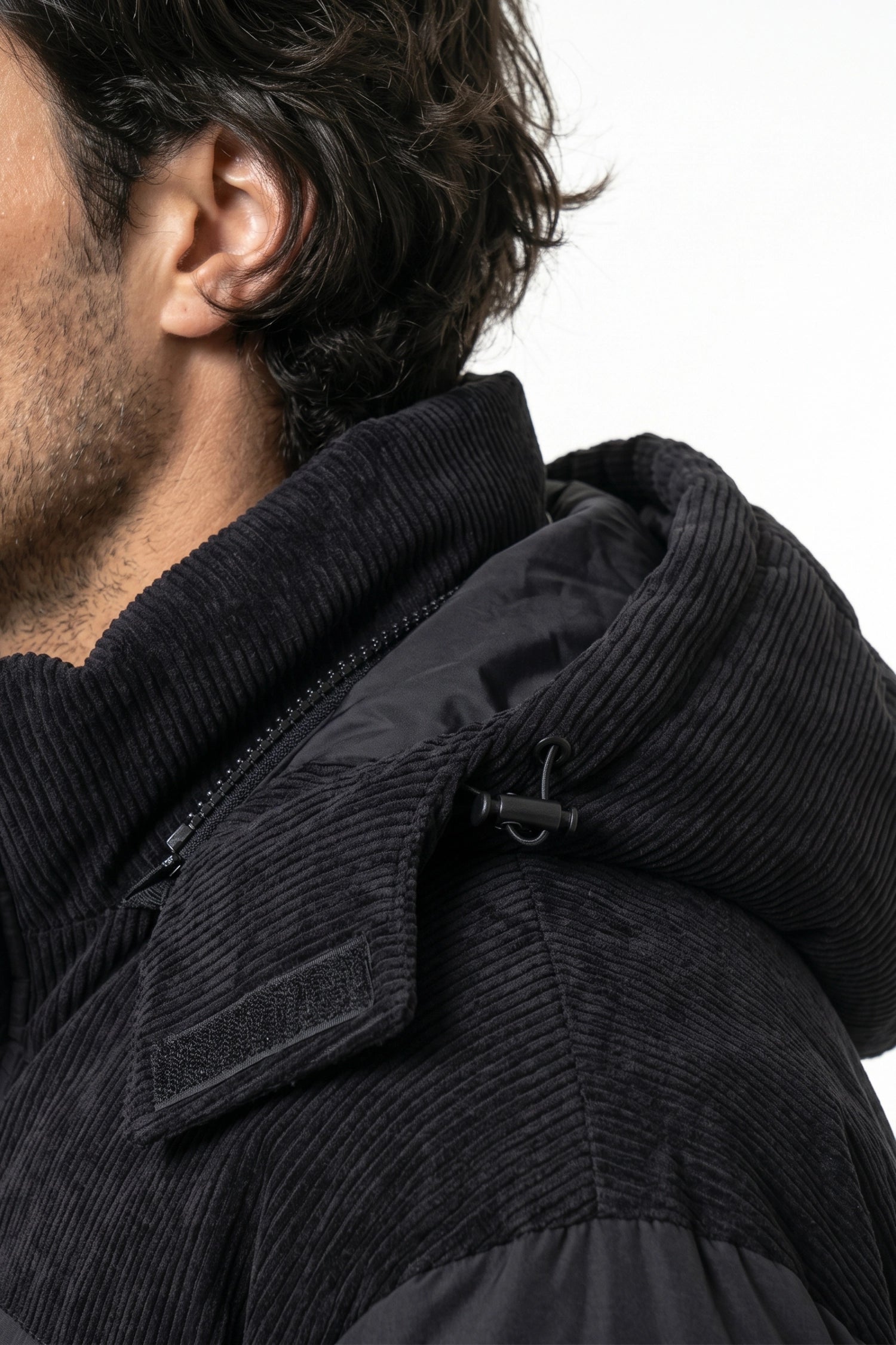 Men’s Winter Warm Hooded Puffer Jacket with Corduroy Yoke