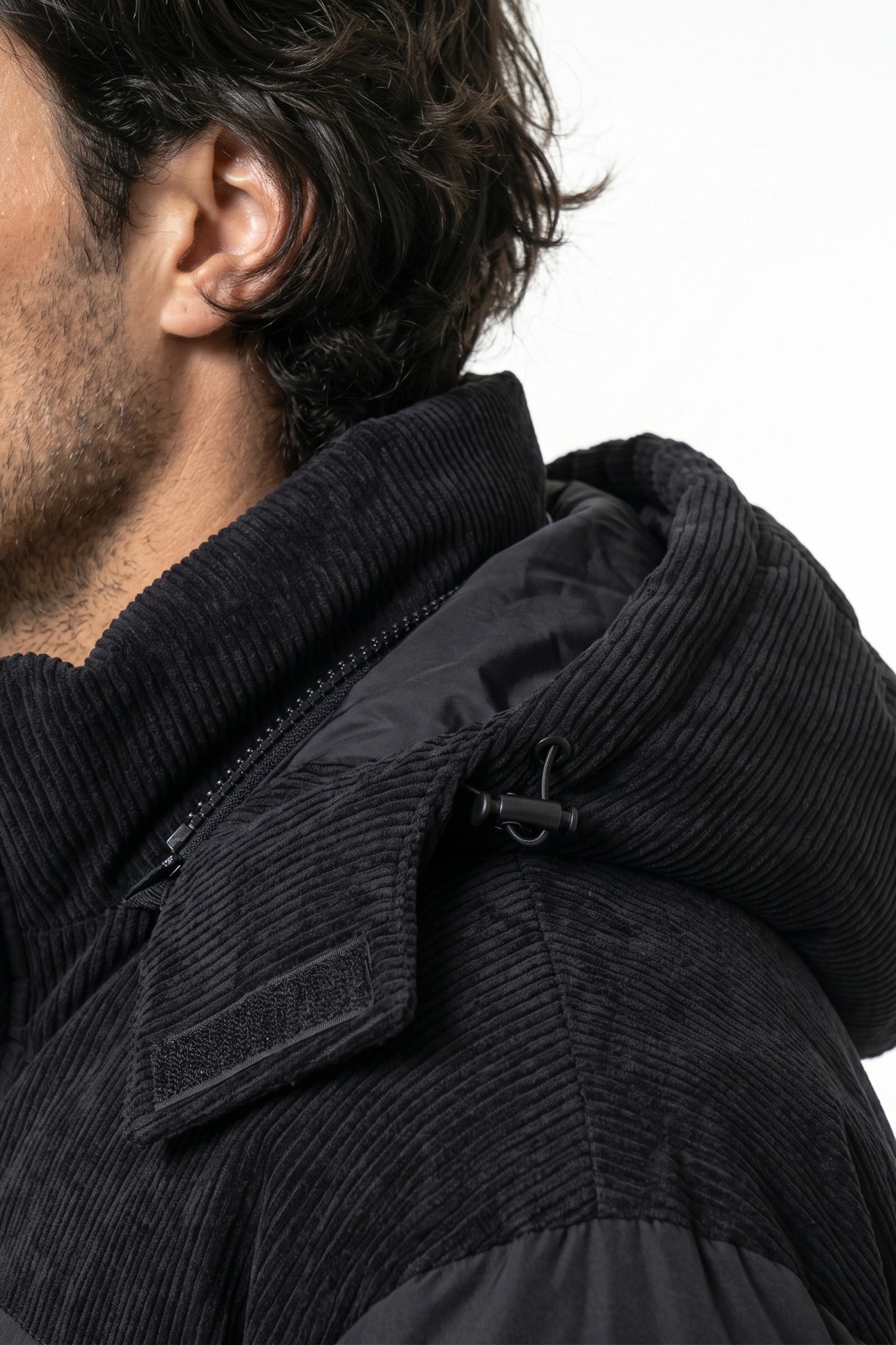 Men’s Winter Warm Hooded Puffer Jacket with Corduroy Yoke