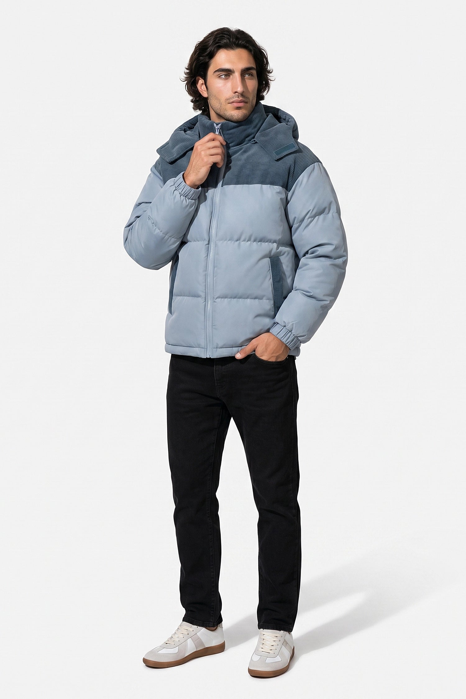Men’s Winter Warm Hooded Puffer Jacket with Corduroy Yoke