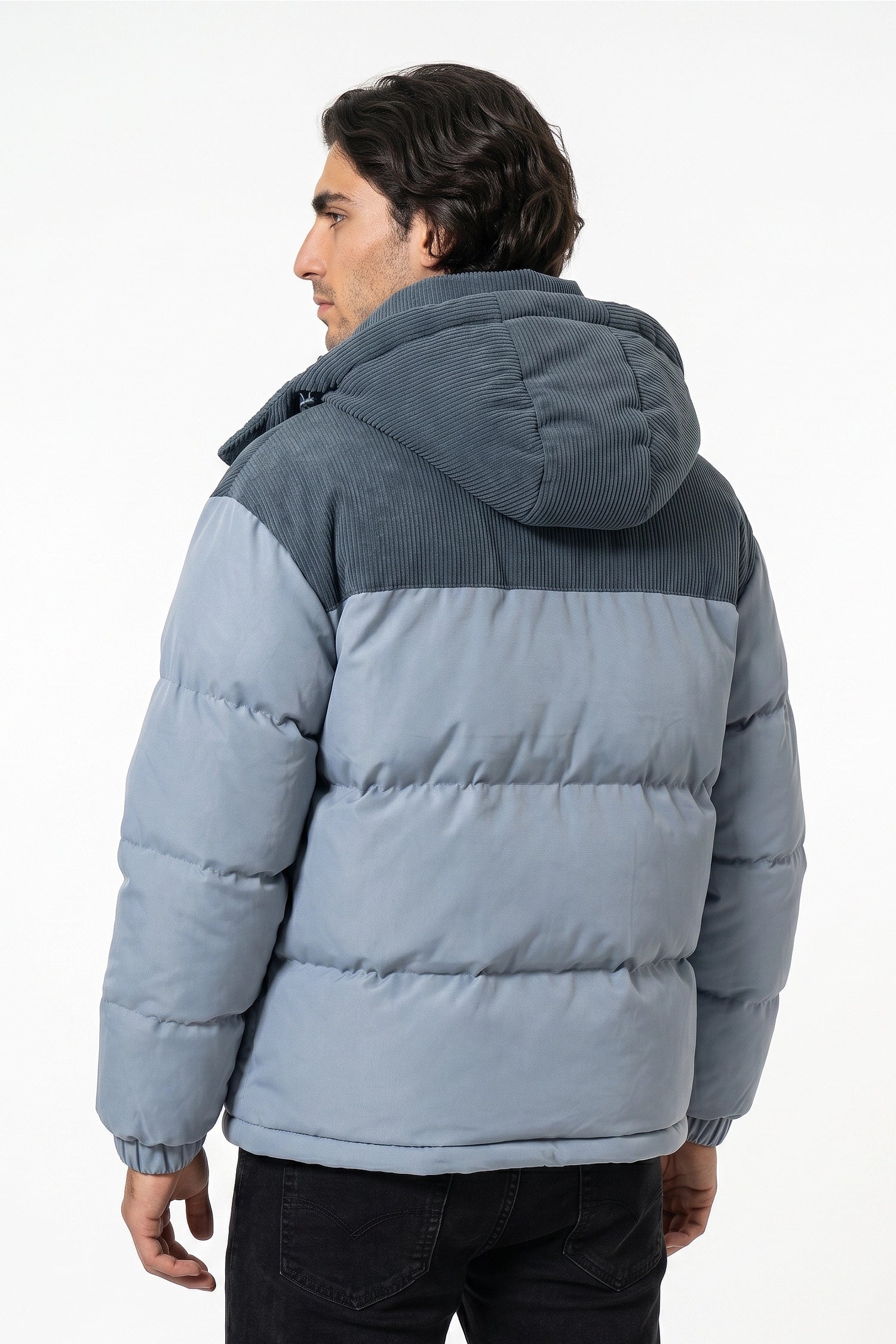 Men’s Winter Warm Hooded Puffer Jacket with Corduroy Yoke