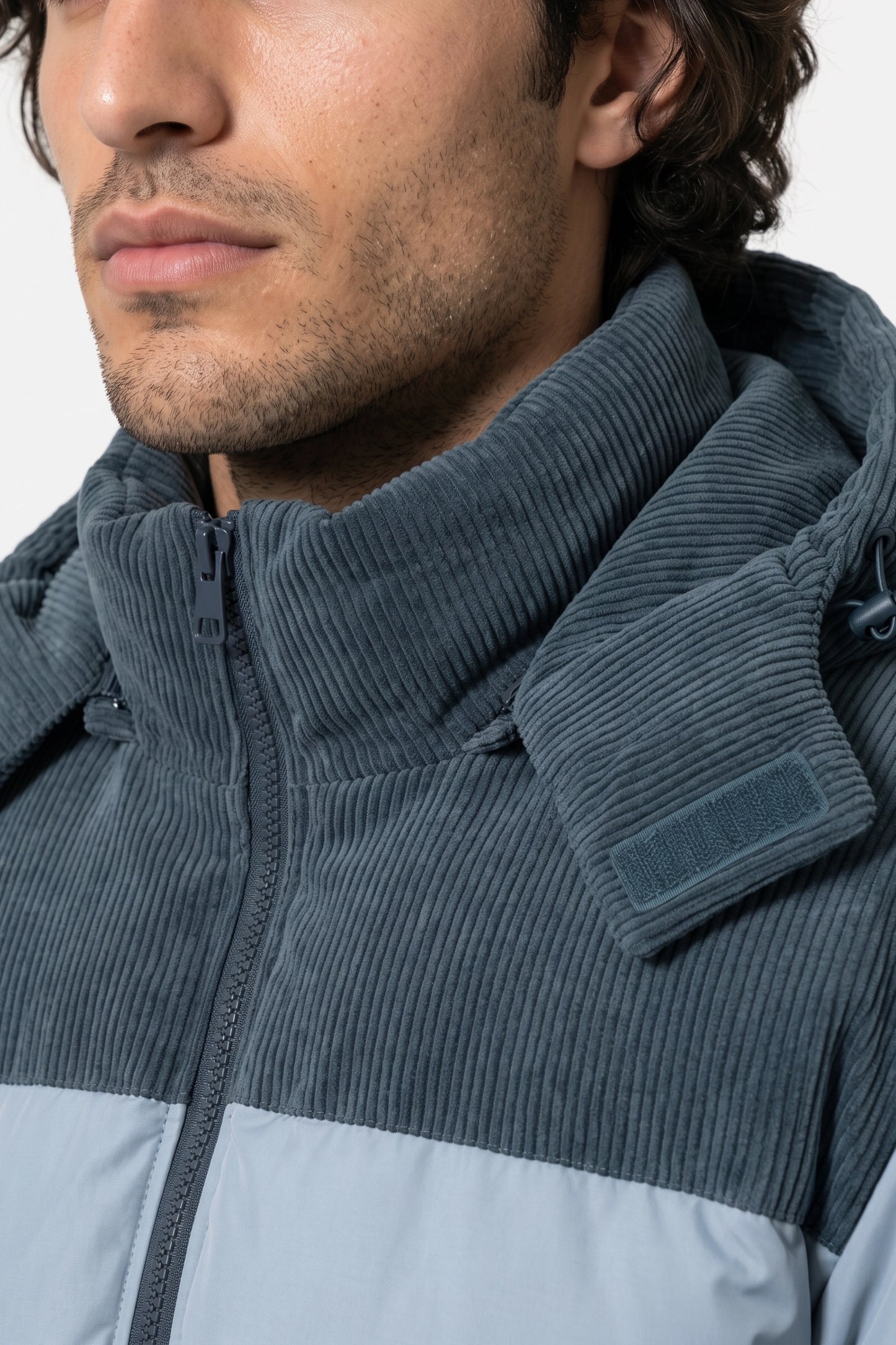 Men’s Winter Warm Hooded Puffer Jacket with Corduroy Yoke