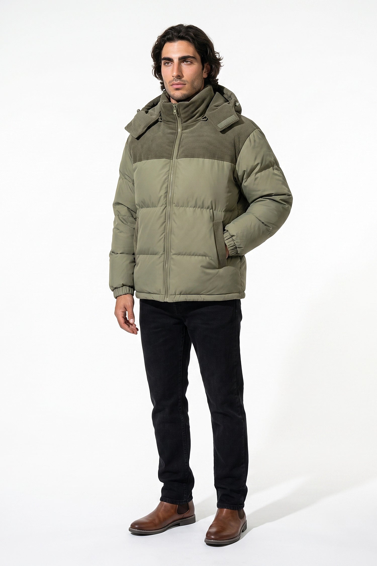 Men’s Winter Warm Hooded Puffer Jacket with Corduroy Yoke