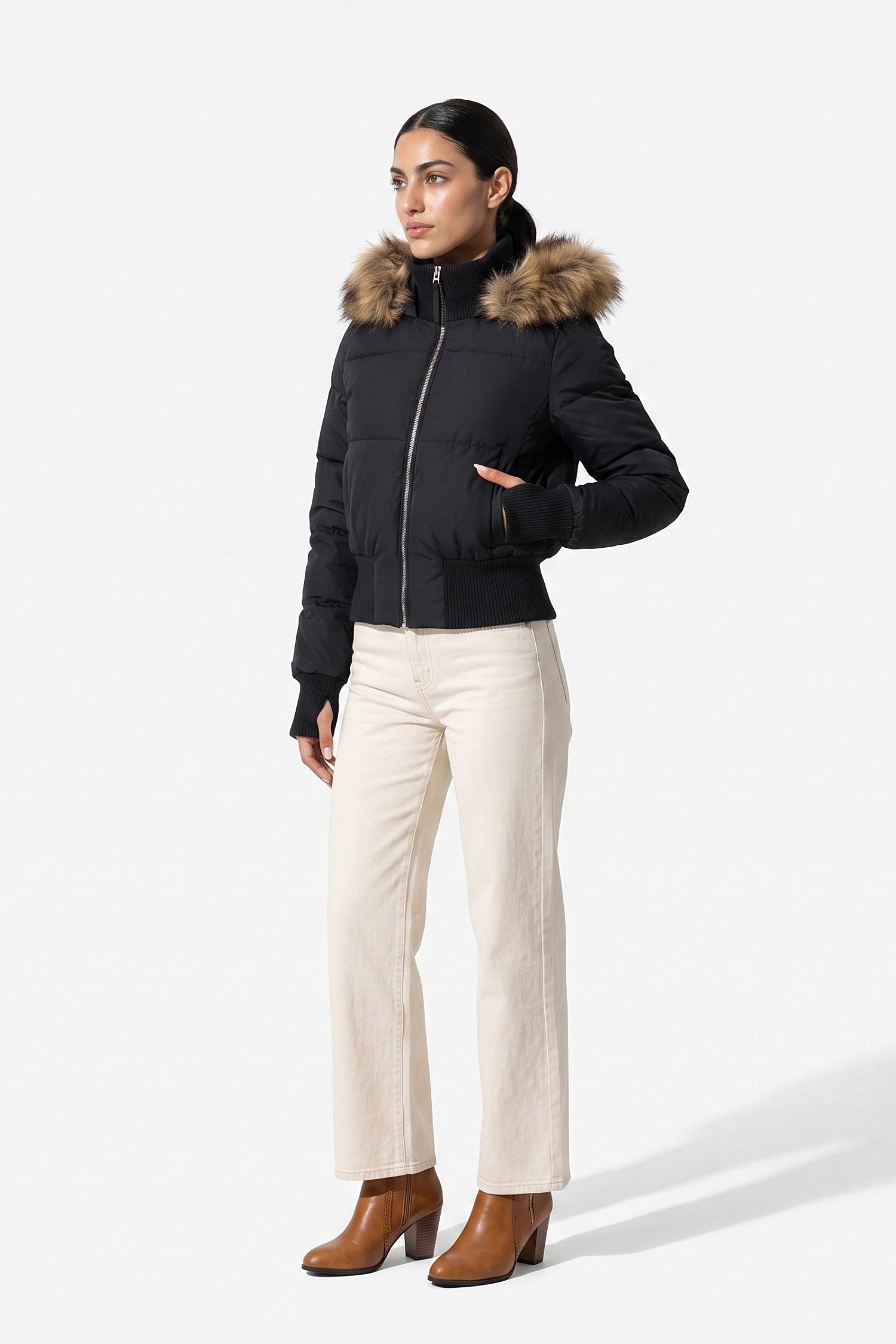 Women’s Winter Warm Cropped Puffer Jacket with Fur Trim Hood