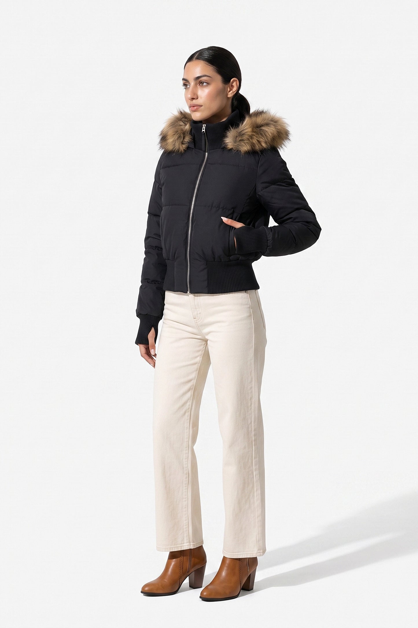 Women’s Winter Warm Cropped Puffer Jacket with Fur Trim Hood