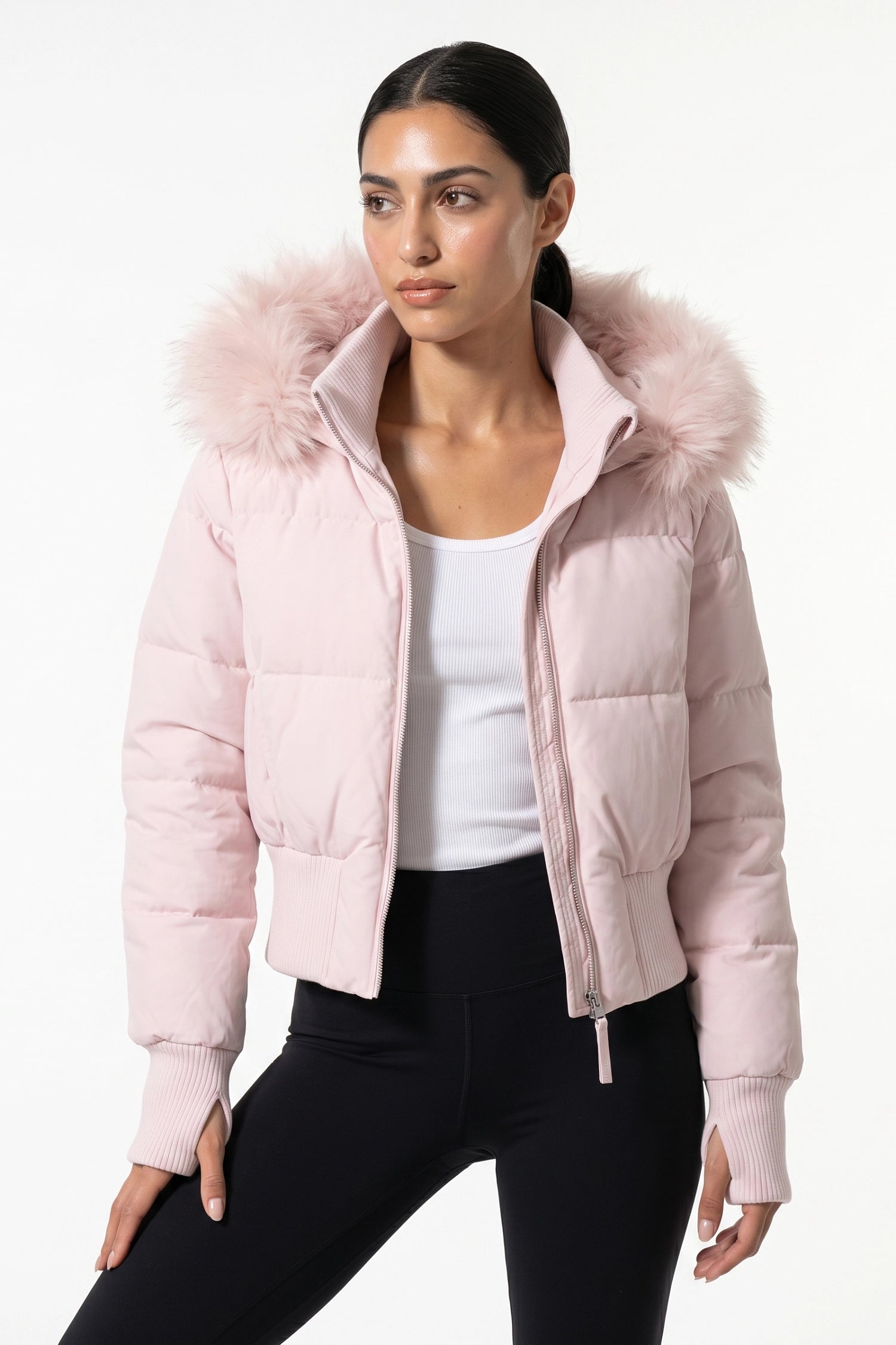 Women’s Winter Warm Cropped Puffer Jacket with Fur Trim Hood