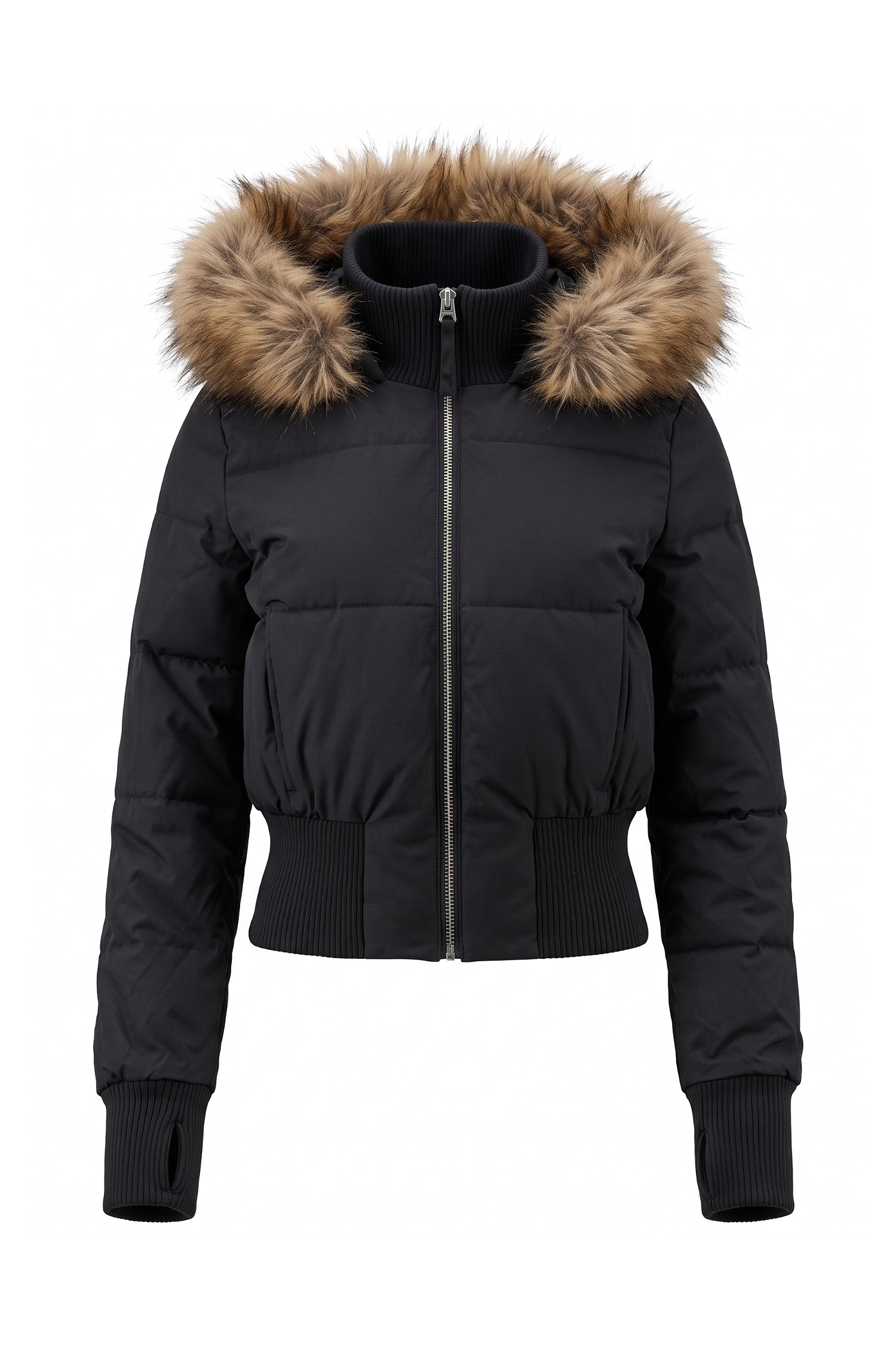 Women’s Winter Warm Cropped Puffer Jacket with Fur Trim Hood