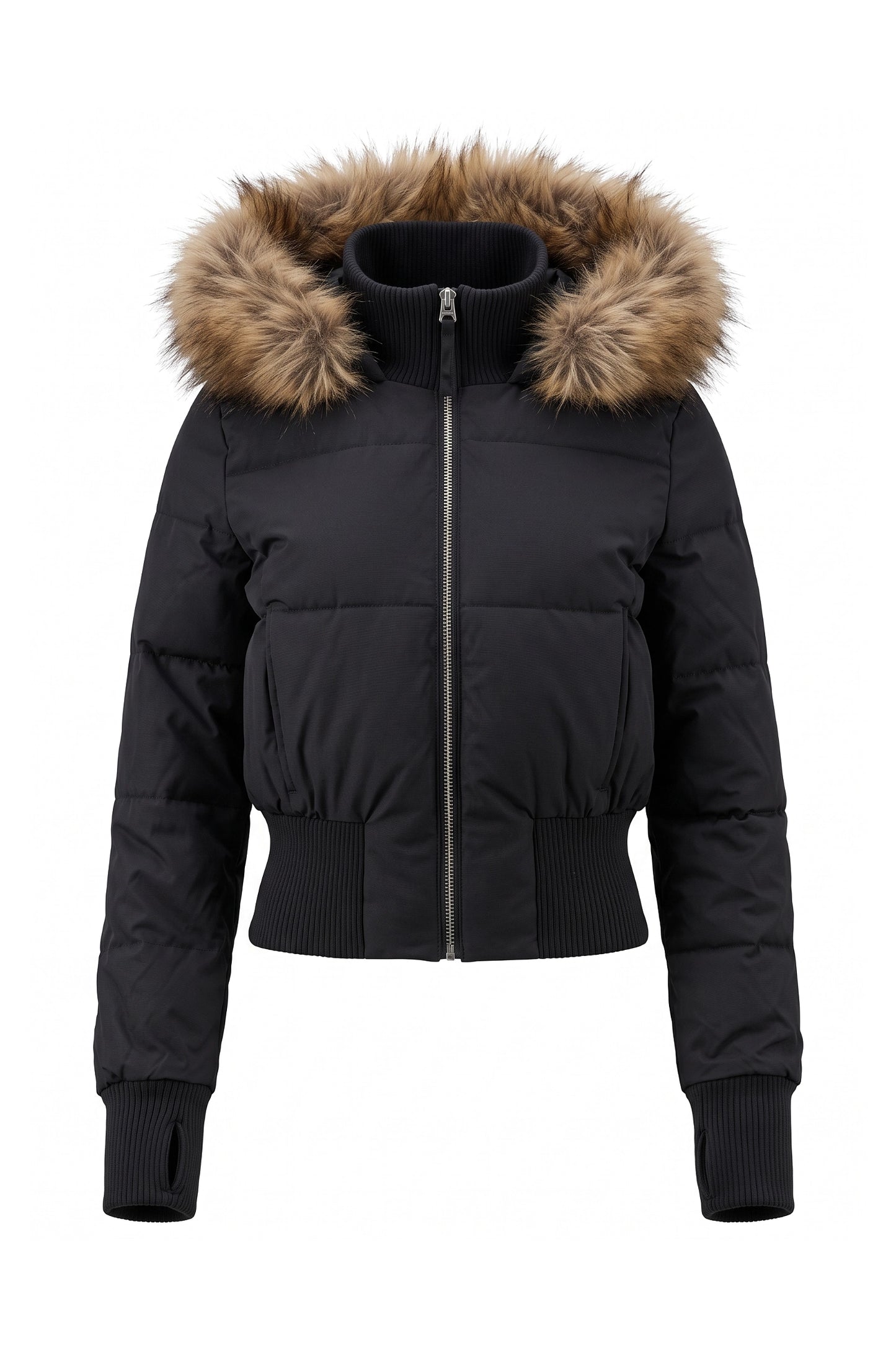 Women’s Winter Warm Cropped Puffer Jacket with Fur Trim Hood