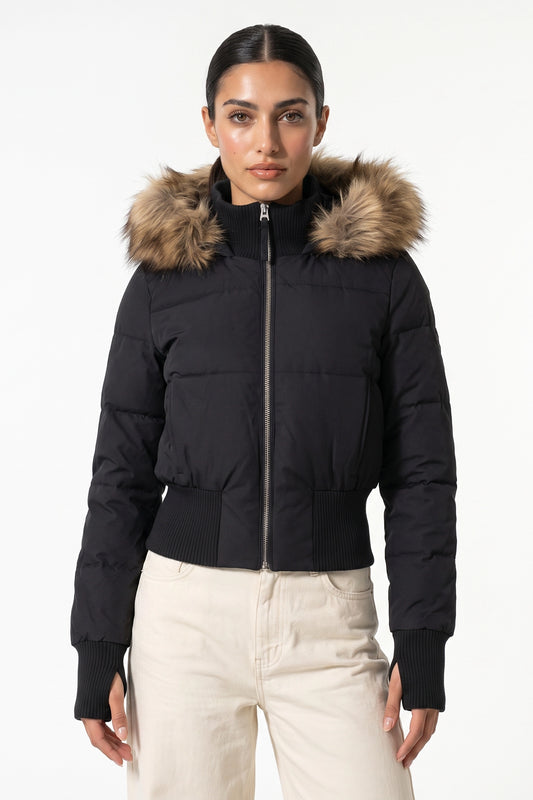 Women’s Winter Warm Cropped Puffer Jacket with Fur Trim Hood