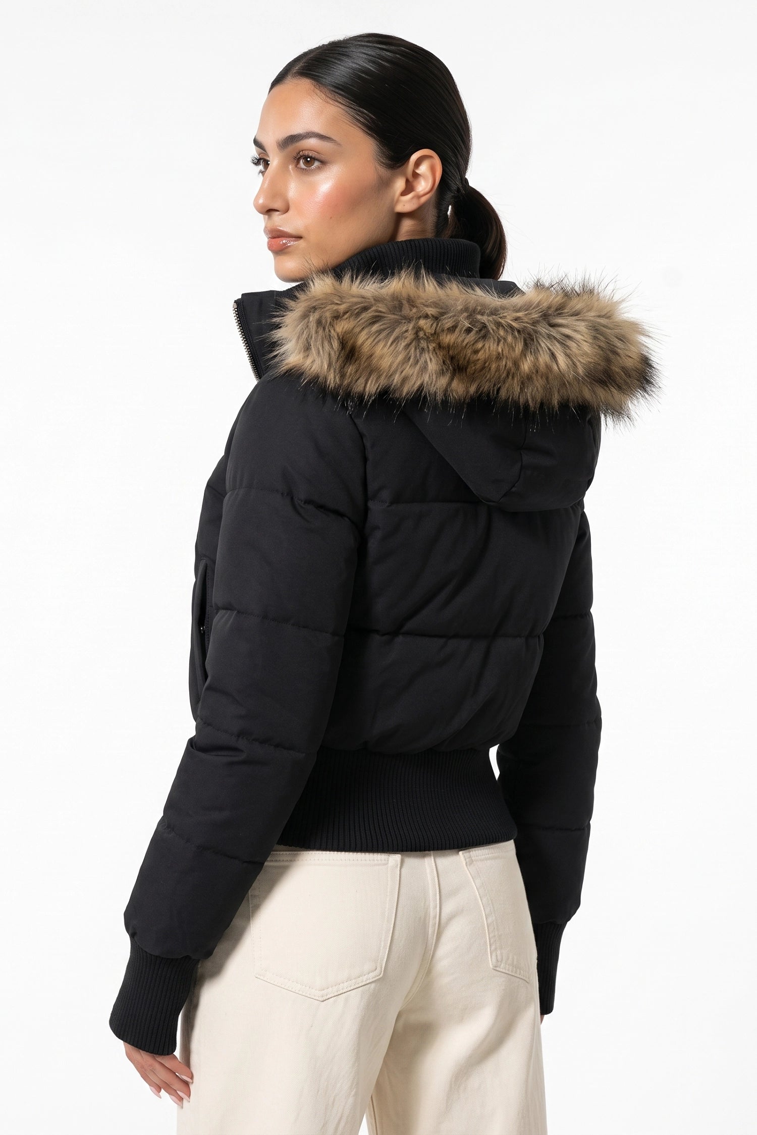 Women’s Winter Warm Cropped Puffer Jacket with Fur Trim Hood