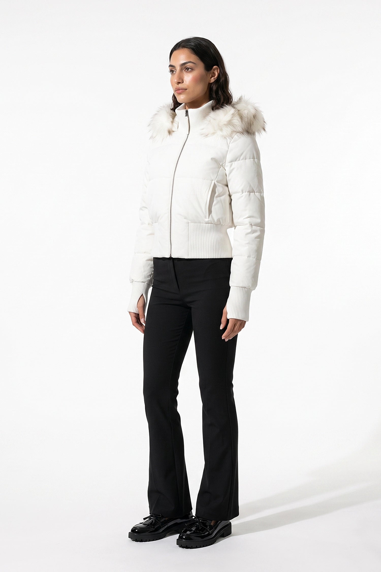 Women’s Winter Warm Cropped Puffer Jacket with Fur Trim Hood