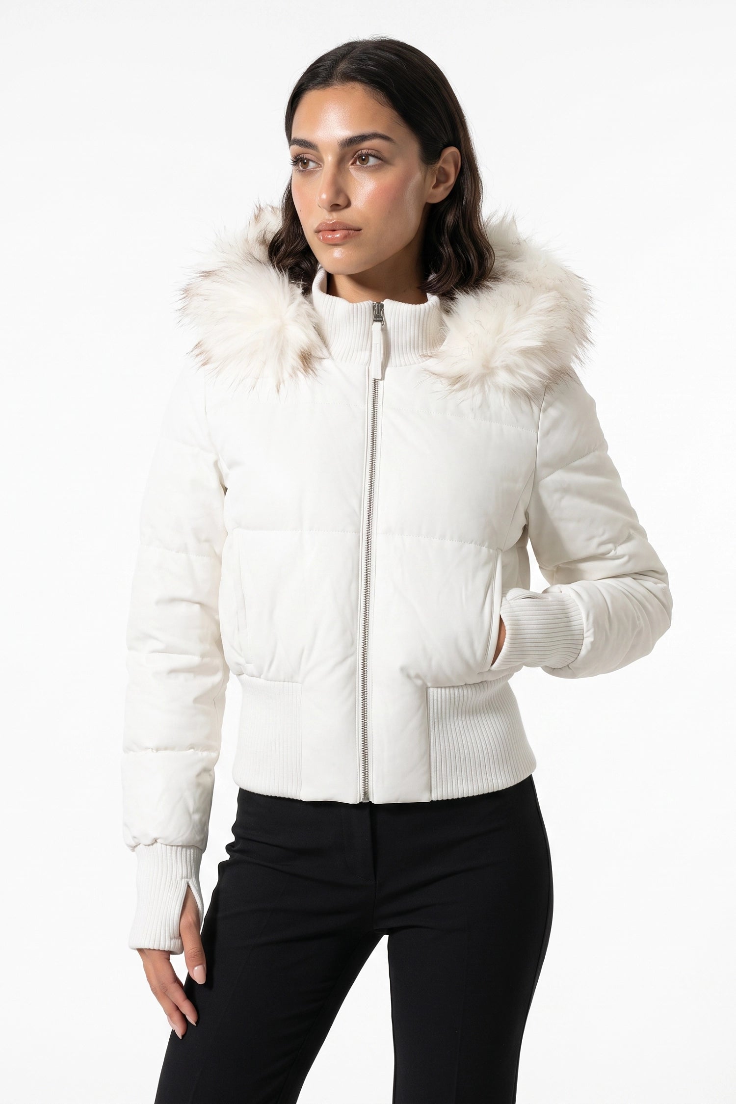 Women’s Winter Warm Cropped Puffer Jacket with Fur Trim Hood
